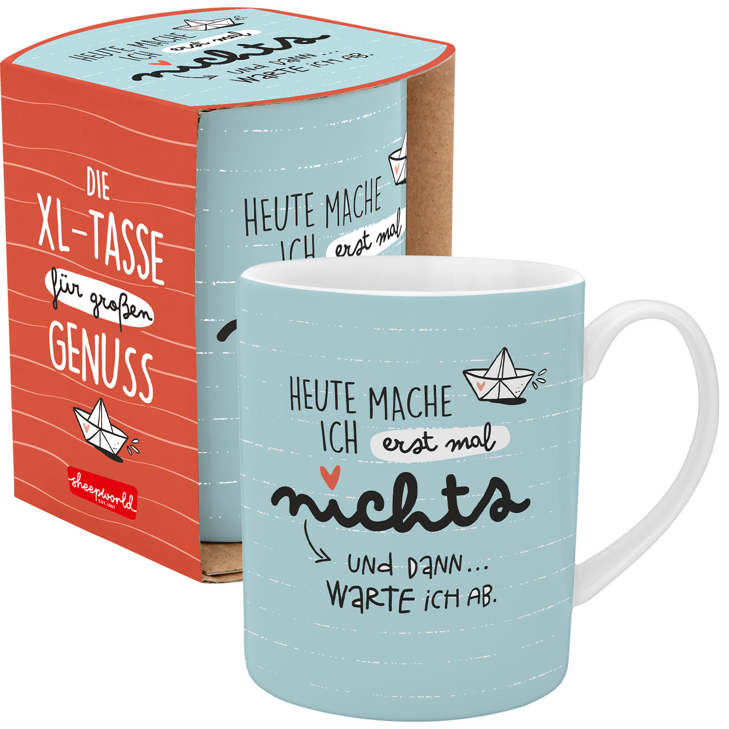 XL-Tasse Porzellan in Hellblau mit Spruch und Boot-Motiv