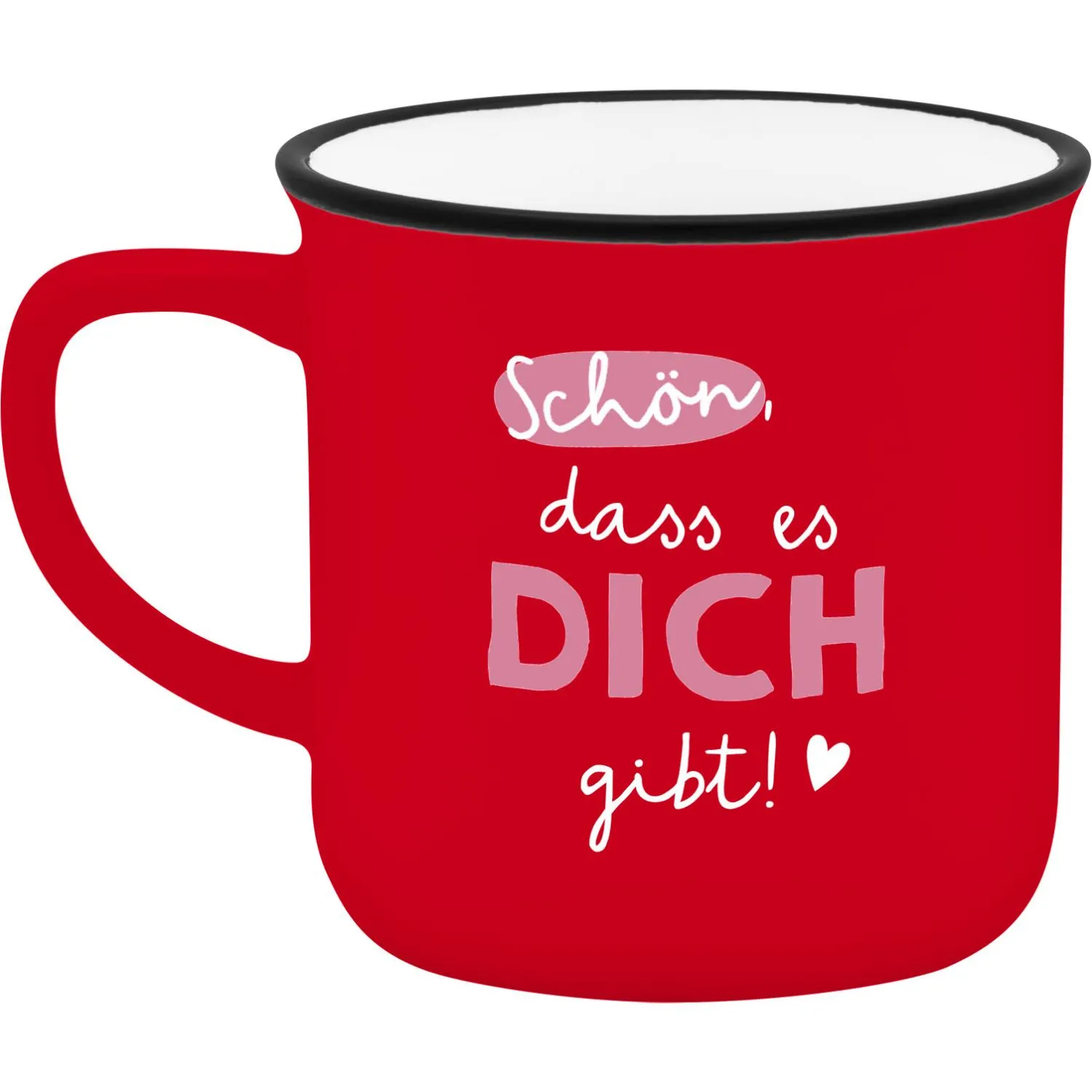 Roter Espressobecher aus Porzellan mit weißem Innenraum und schwarzem Rand, Text 'Schön, dass es DICH gibt!'