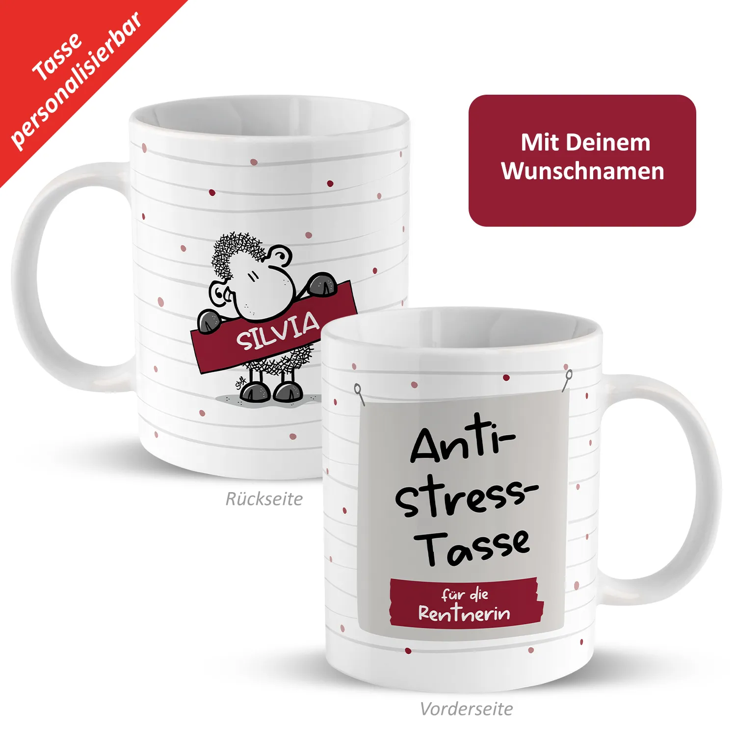 Personalisierte Keramik-Tasse mit Schafmotiv und Namensbanner – Anti-Stress-Tasse für die Rentnerin