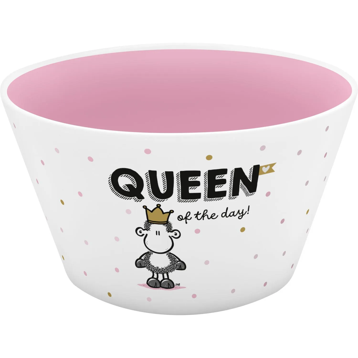 Weiße Porzellanschale mit pinkem Innenraum und Queen-Motiv.