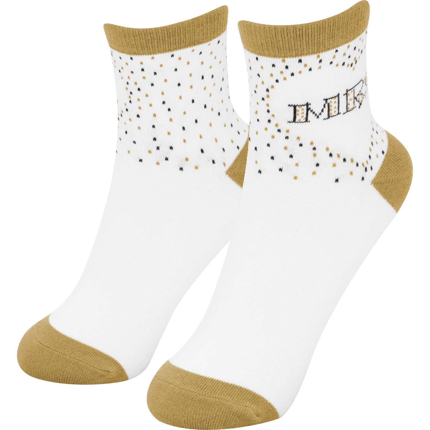 Weiße Zaubersocken mit goldenen Akzenten und MRS Aufdruck