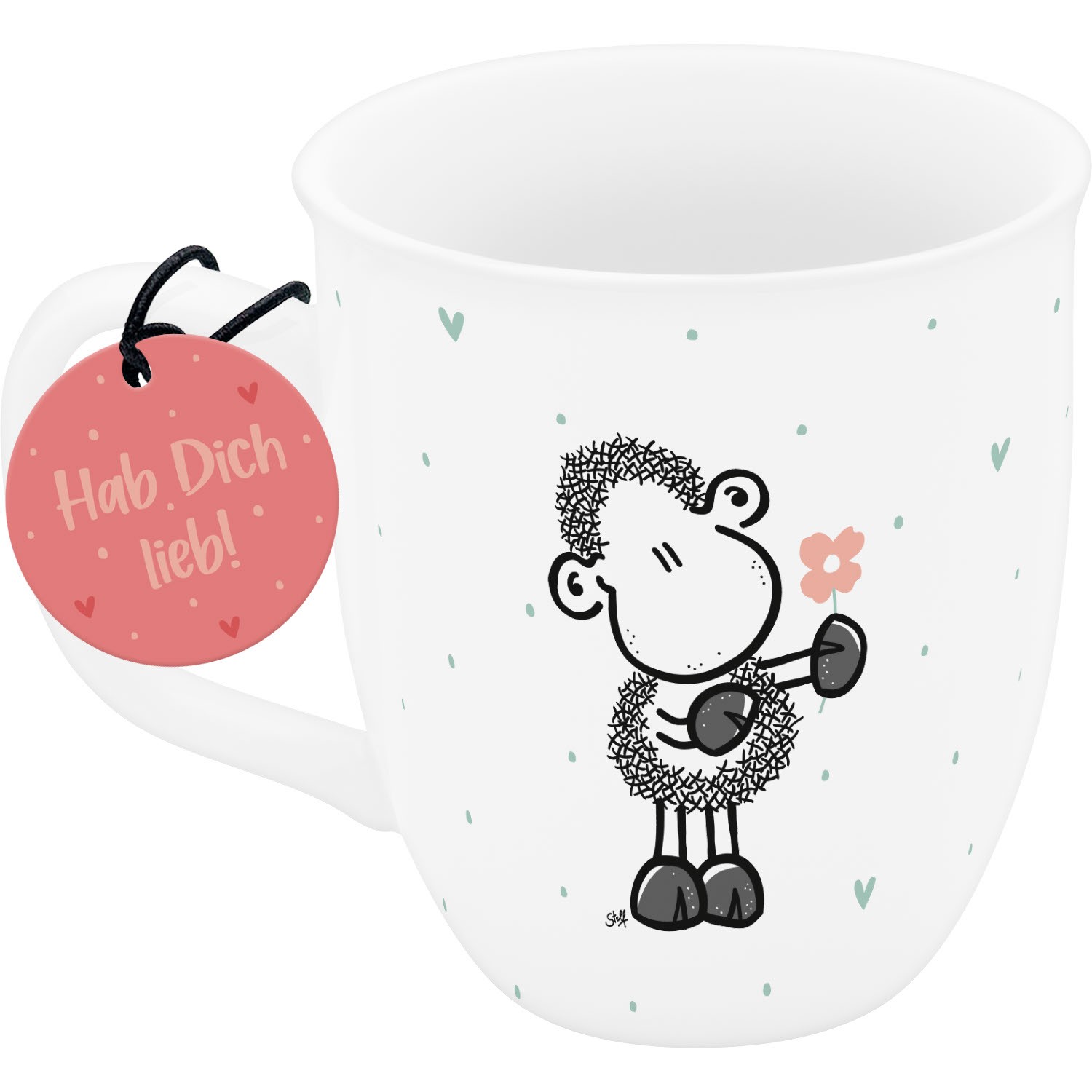 Weiße Espressotasse mit niedlicher Schaf-Illustration und rosa Geschenketikett.