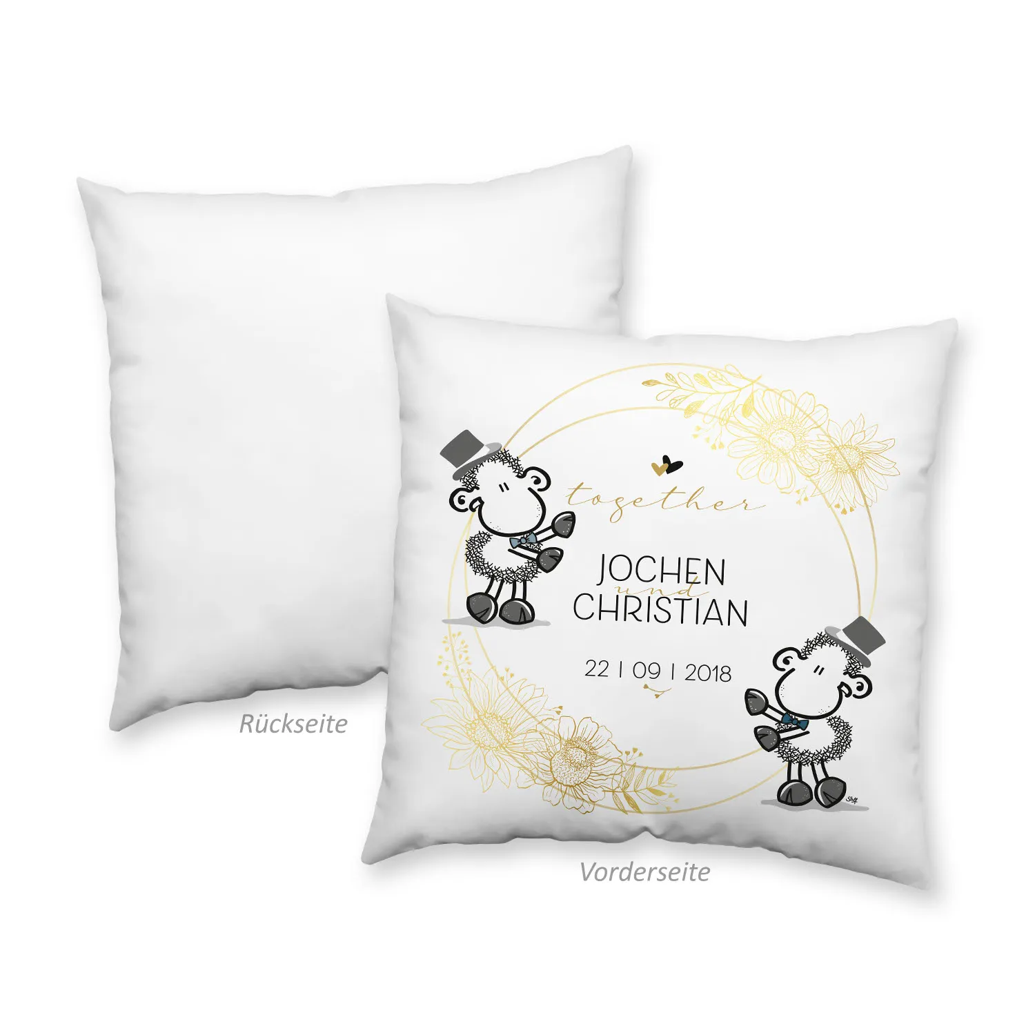Weißes Hochzeitskissen mit zwei Schäfchen und goldenen Blumenring