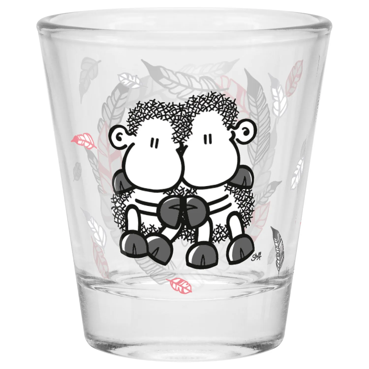 Schnapsglas mit zwei kuschelnden Schafen – Schwarz-Weiß-Motiv auf klarem Glas