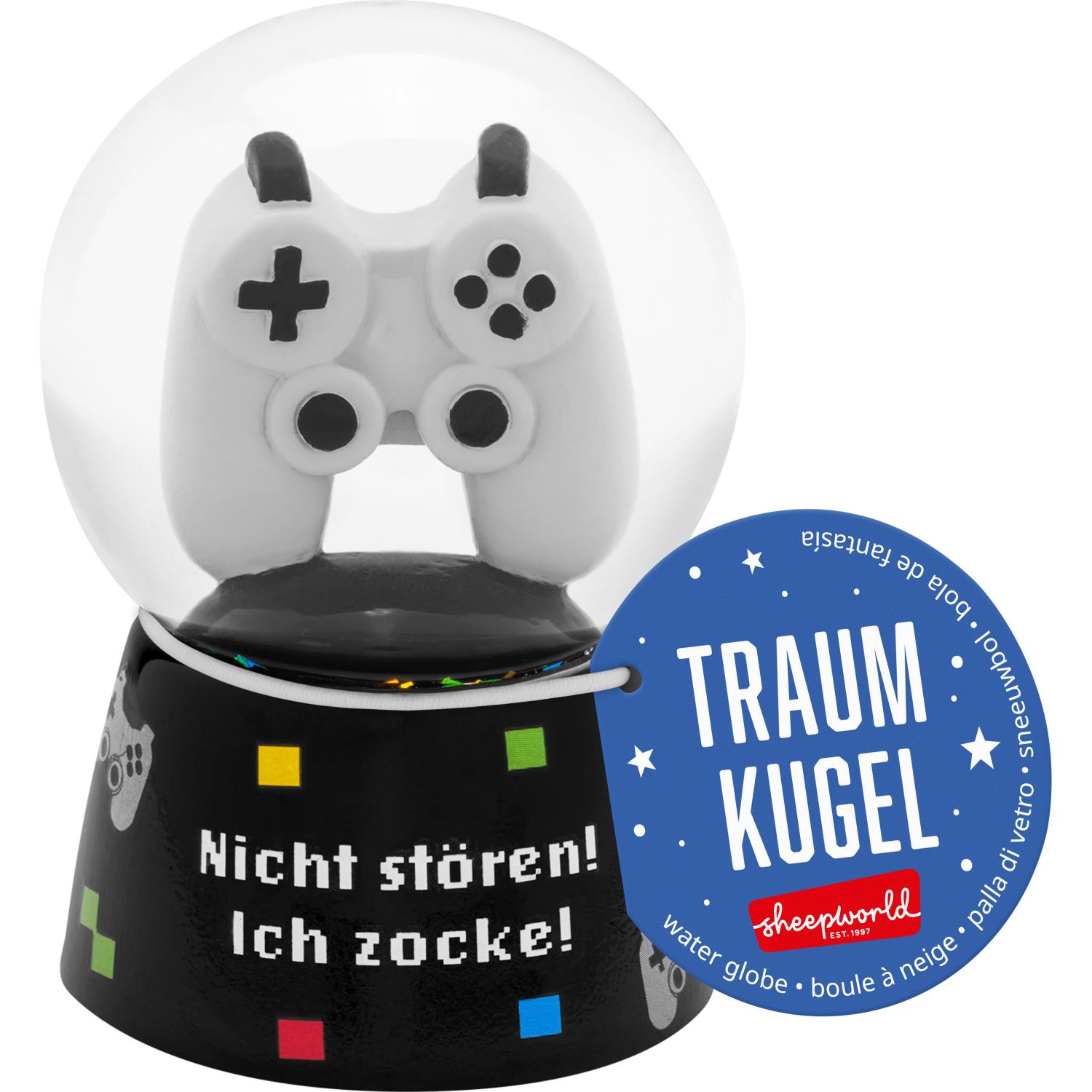 Schneekugel mit Gaming-Controller im Inneren, schwarzer Sockel mit 'Nicht stören! Ich zocke!'