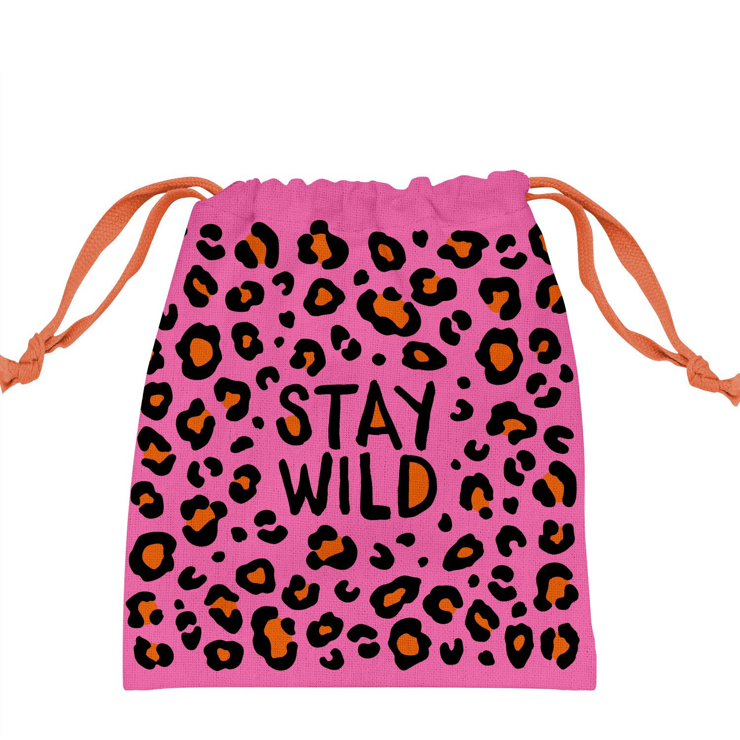 Pink Leopardendruck-Beutel mit orangen Zugbändern und STAY WILD Motiv