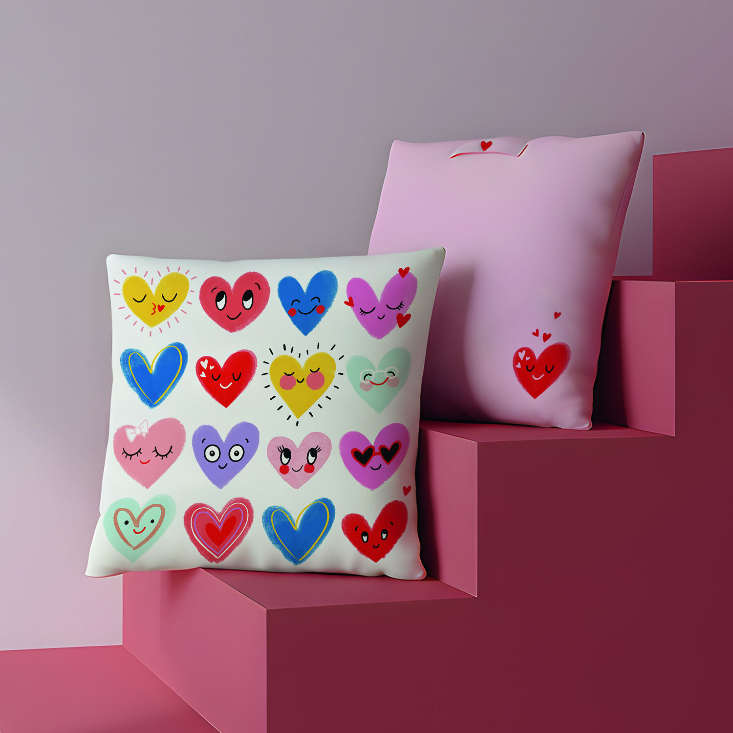 Weiches Plüschkissen »Herzen« mit bunten Herzen auf weißem Hintergrund