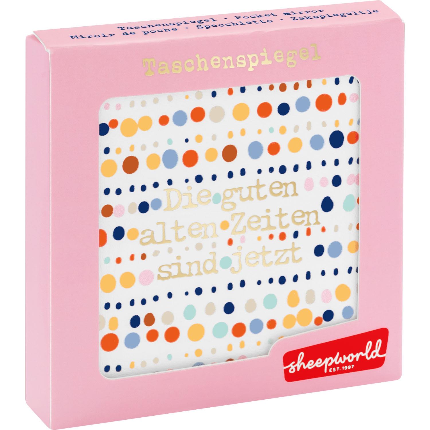 Taschenspiegel in rosa Geschenkbox mit buntem Punktedesign auf weißem Hintergrund.