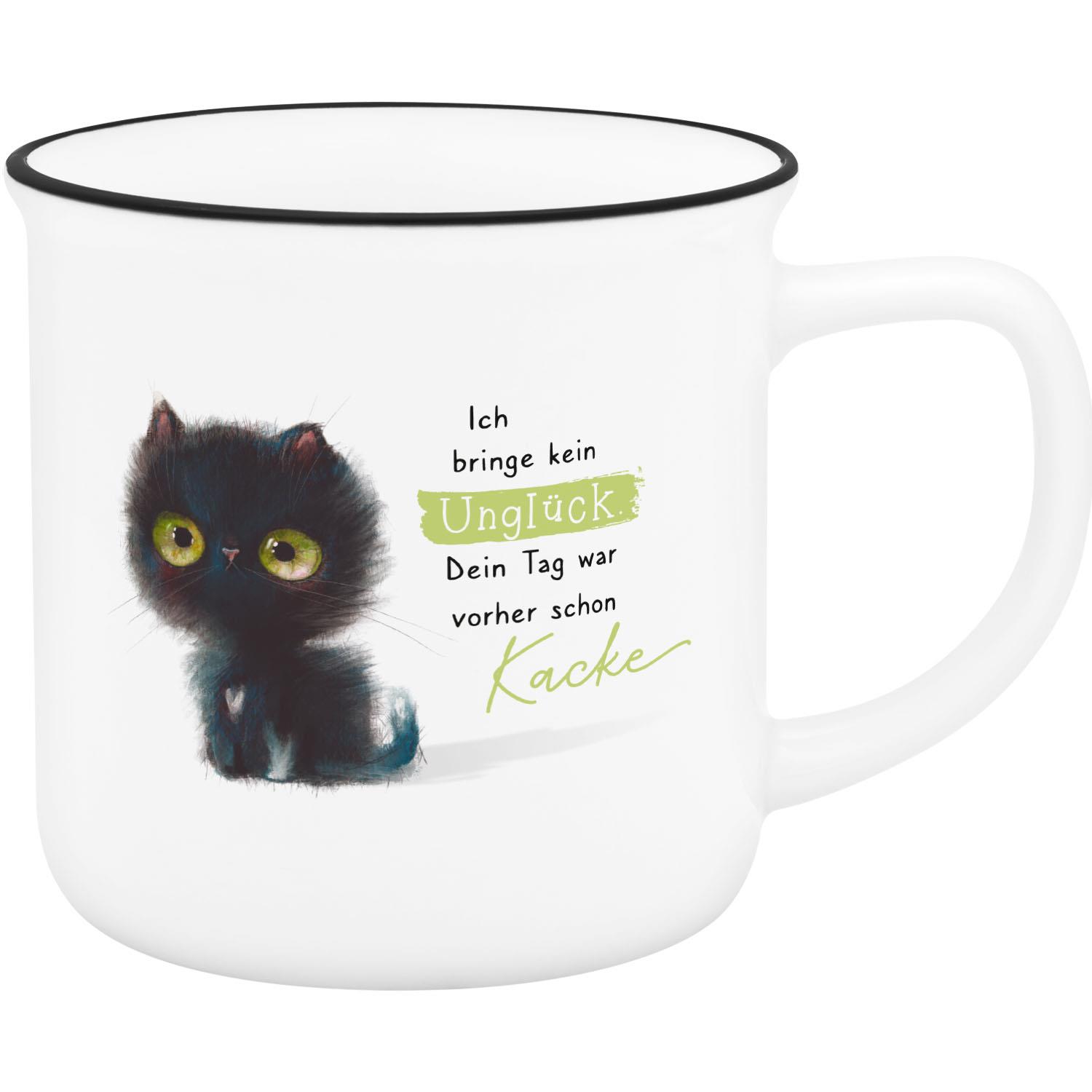Weiße Porzellan-Tasse mit schwarzem Rand, Katze und frechem Spruch.