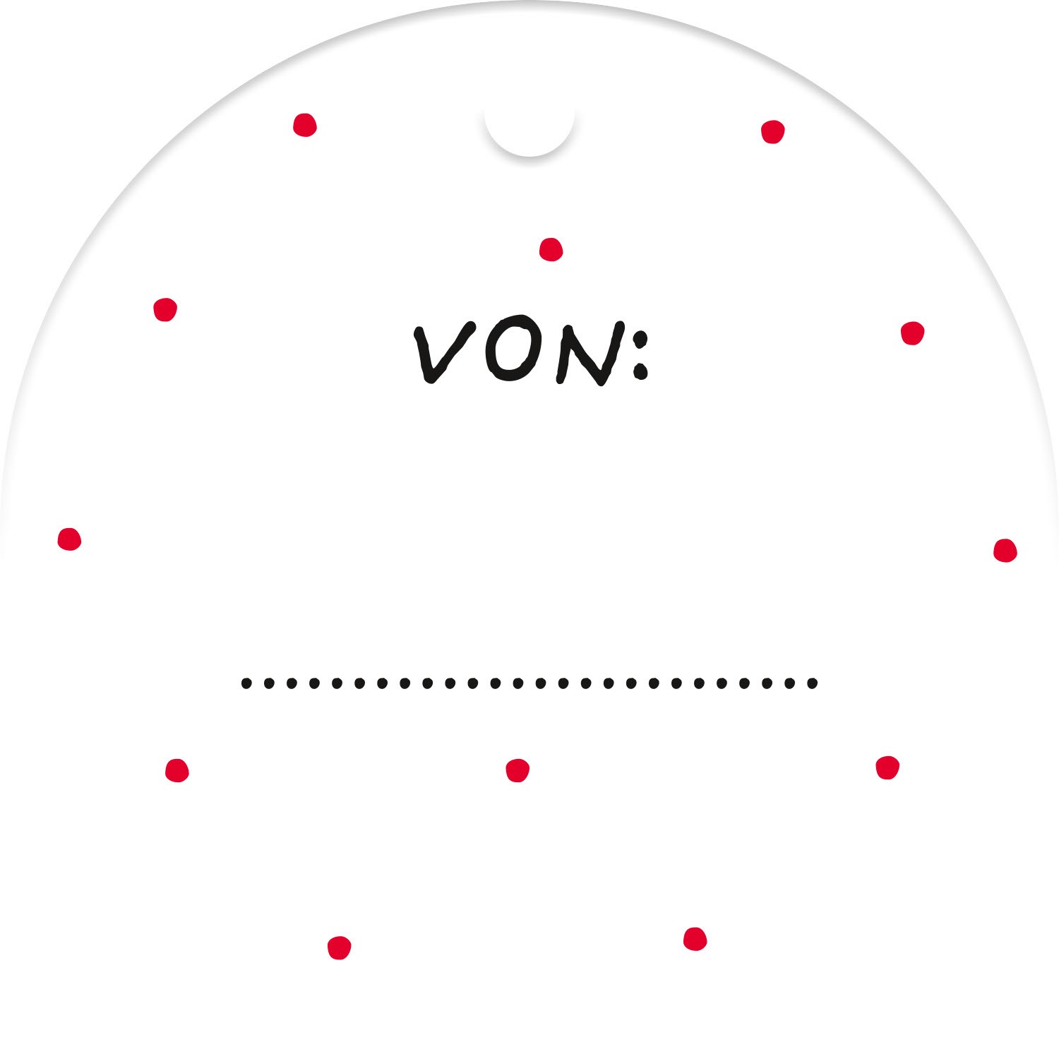Weiße runde Geschenkanhänger-Karte mit 'VON:'-Aufschrift und roten Punkten