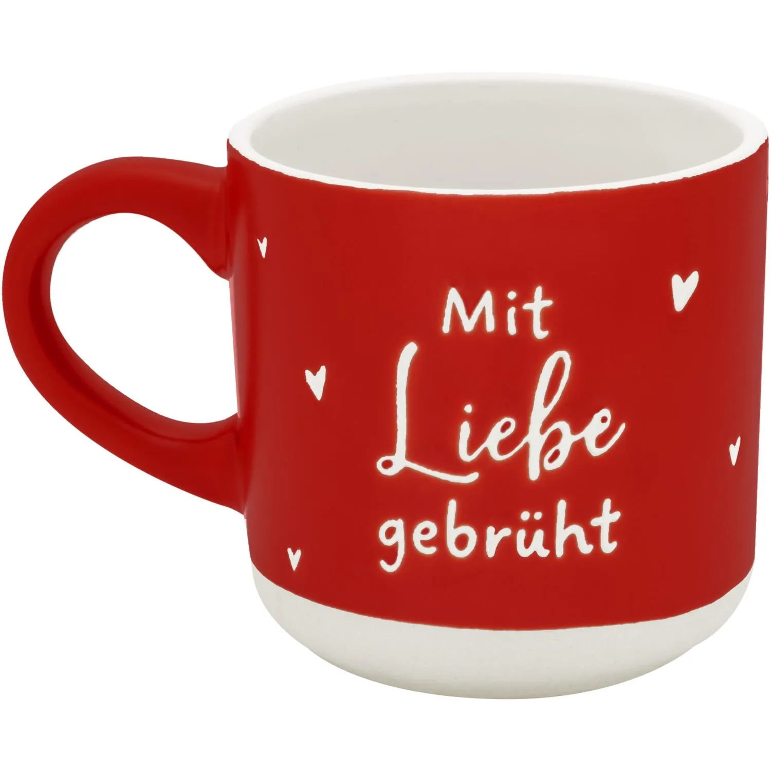 Rote Espressotasse aus Keramik mit weißem Innenraum und Schriftzug 'Mit Liebe gebrüht' sowie kleinen Herzen.