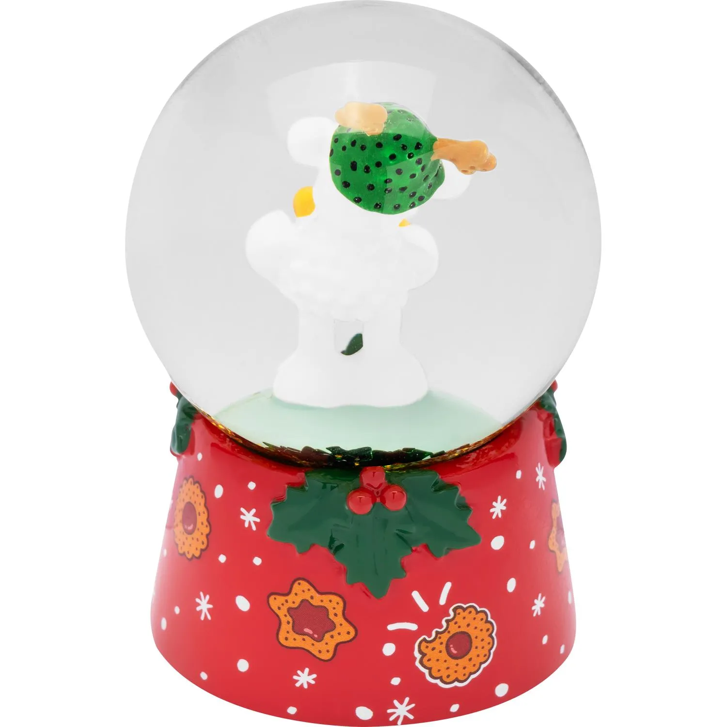 Rote Schneekugel mit weihnachtlicher Basis und Glasdom, Goldglitter im Inneren