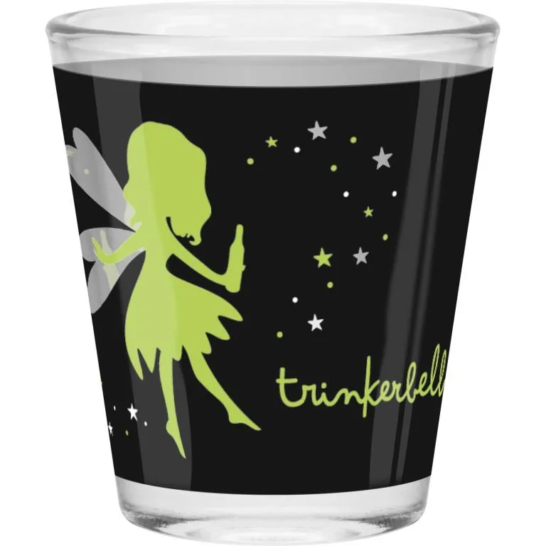 Schwarzes Schnapsglas mit limegrüner Fee und Sternen, Spruch 'Trinkerbell'