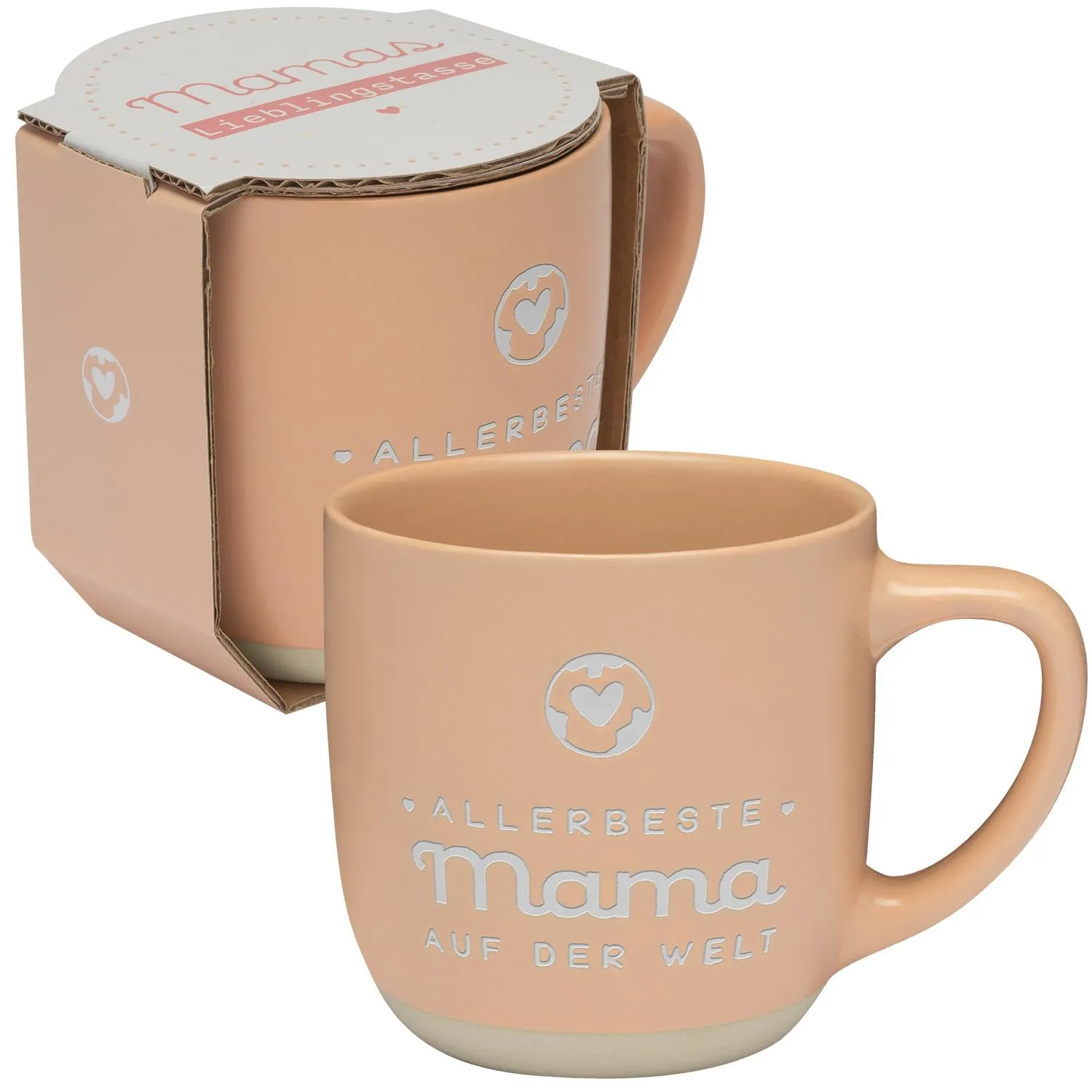 Pastellpfirsichfarbene Keramiktasse mit Motiv 'Allerbeste Mama auf der Welt' und Verpackung