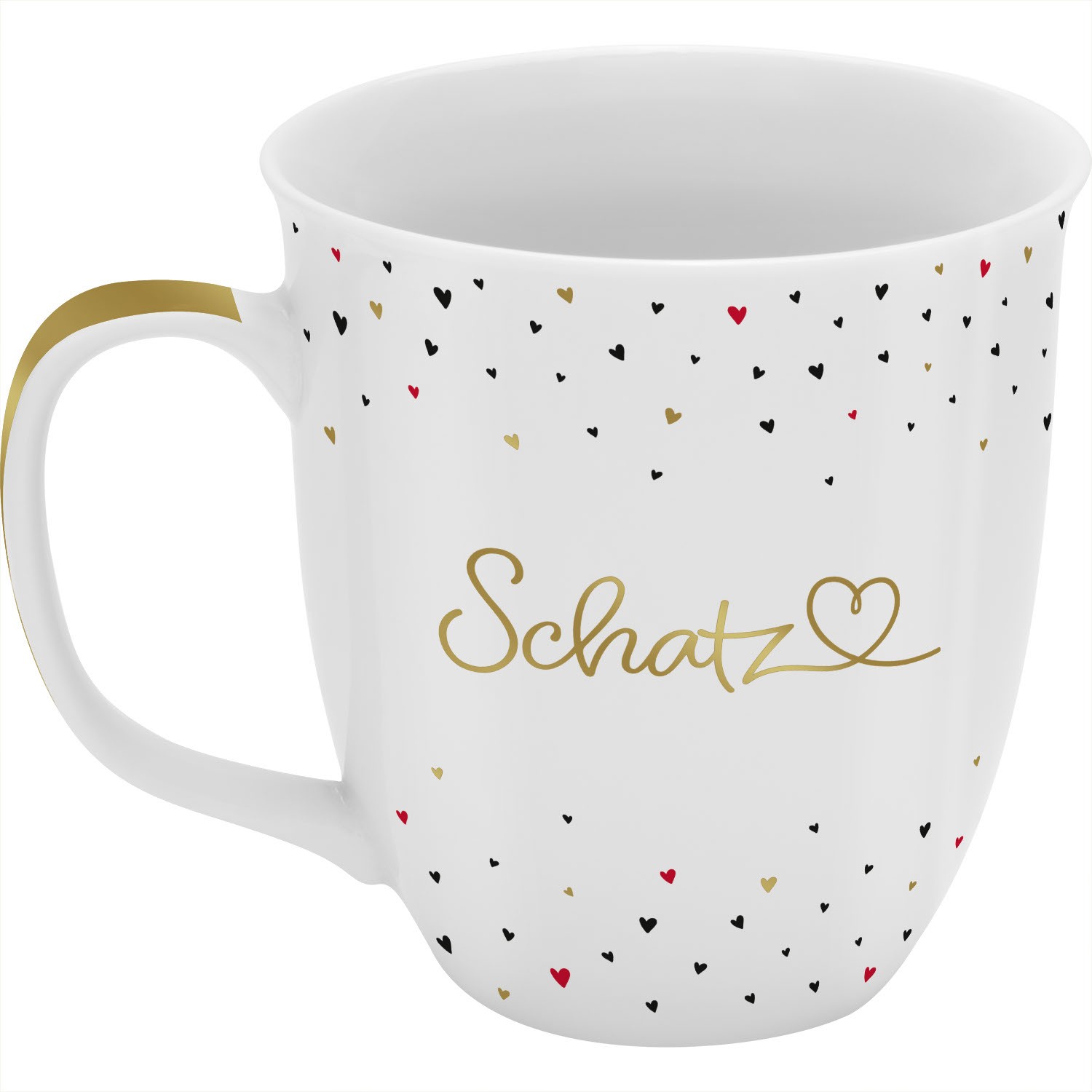 Weiße Porzellan-Tasse mit Goldschrift 'Schatz' und Herzchen, 400 ml