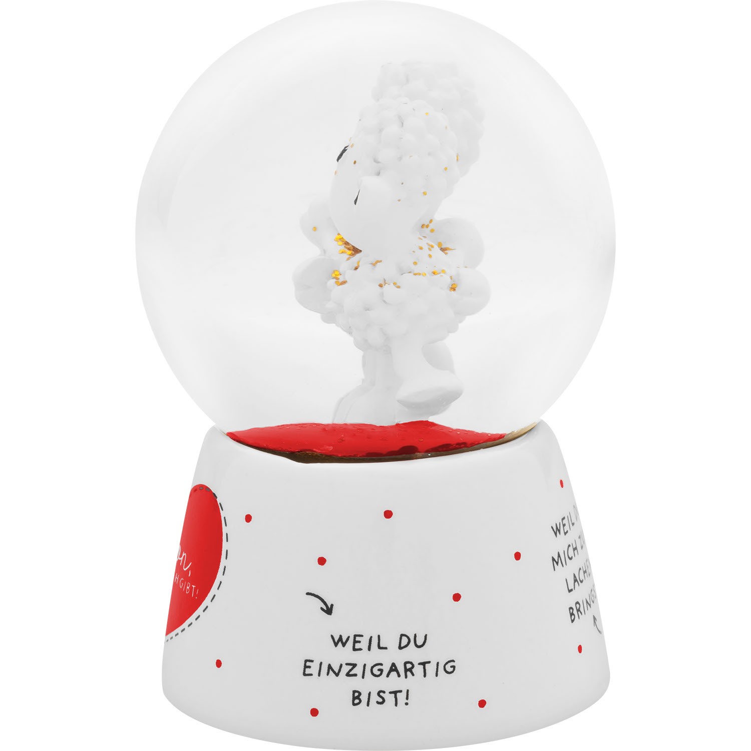Glaskugel mit 3D-Schaf, rotem Sockel und Schriftzug