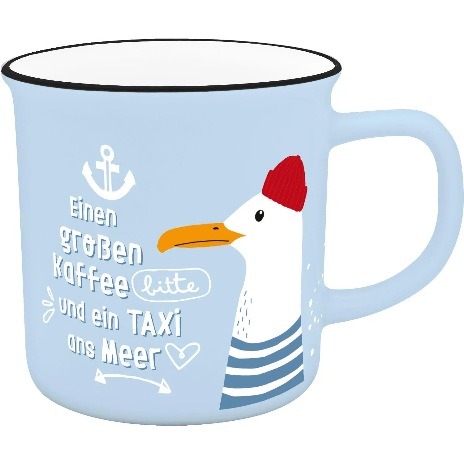 XL-Lieblingsbecher Meer: hellblaue Keramiktasse mit Möwe und roter Mütze