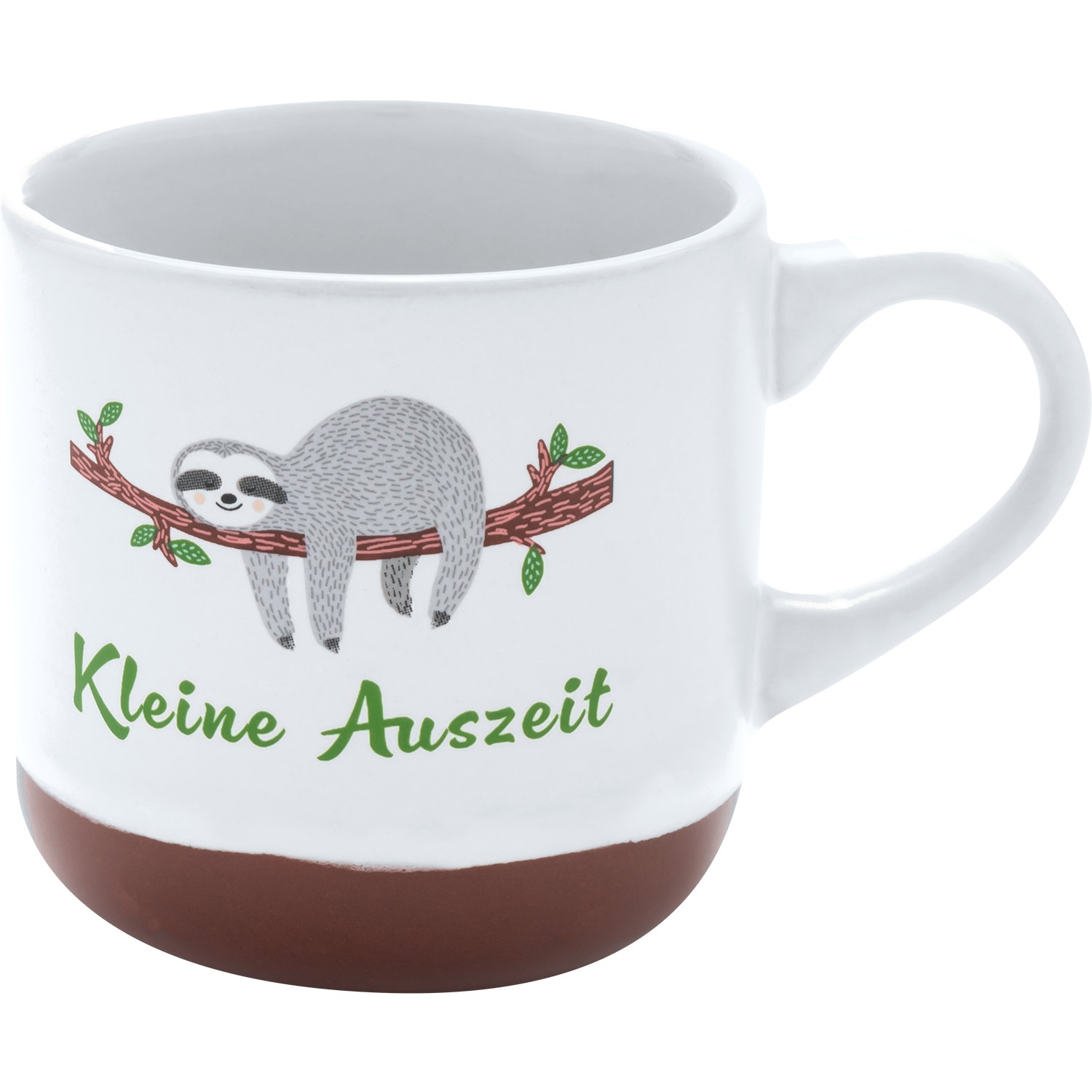 Espressotasse mit Faultier-Motiv auf Ast und grünem Schriftzug