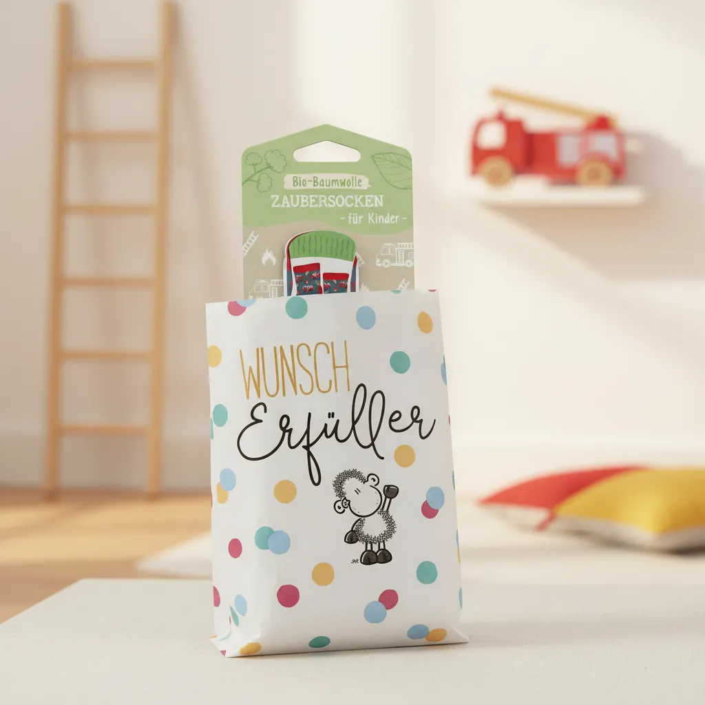 Weiße Geschenkverpackung mit bunten Punkten und grüner Zaubersocken-Wundertüte für Jungen.