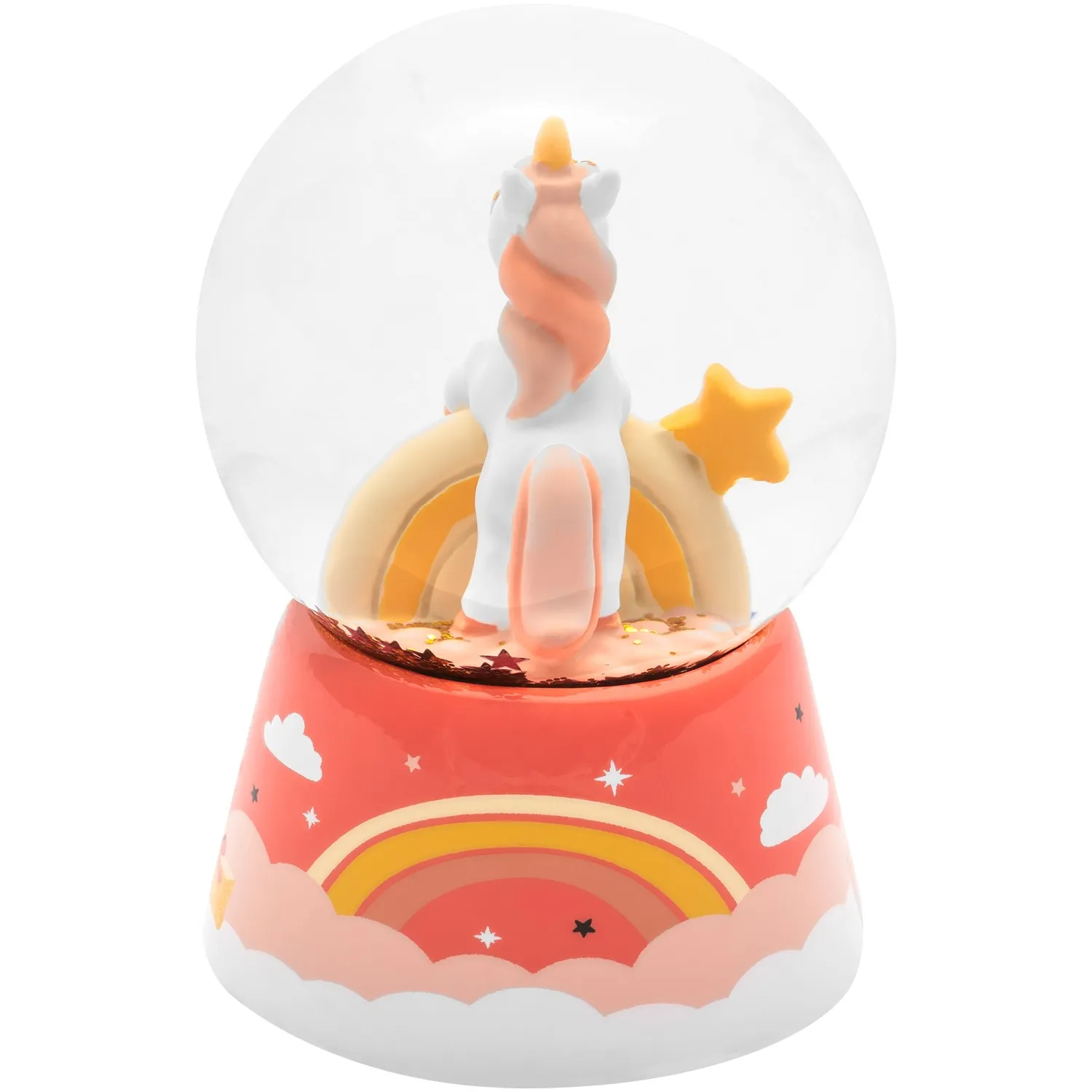 Schneekugel mit weißem Einhorn, Pastellfarben, Regenbogen in Glasballon.