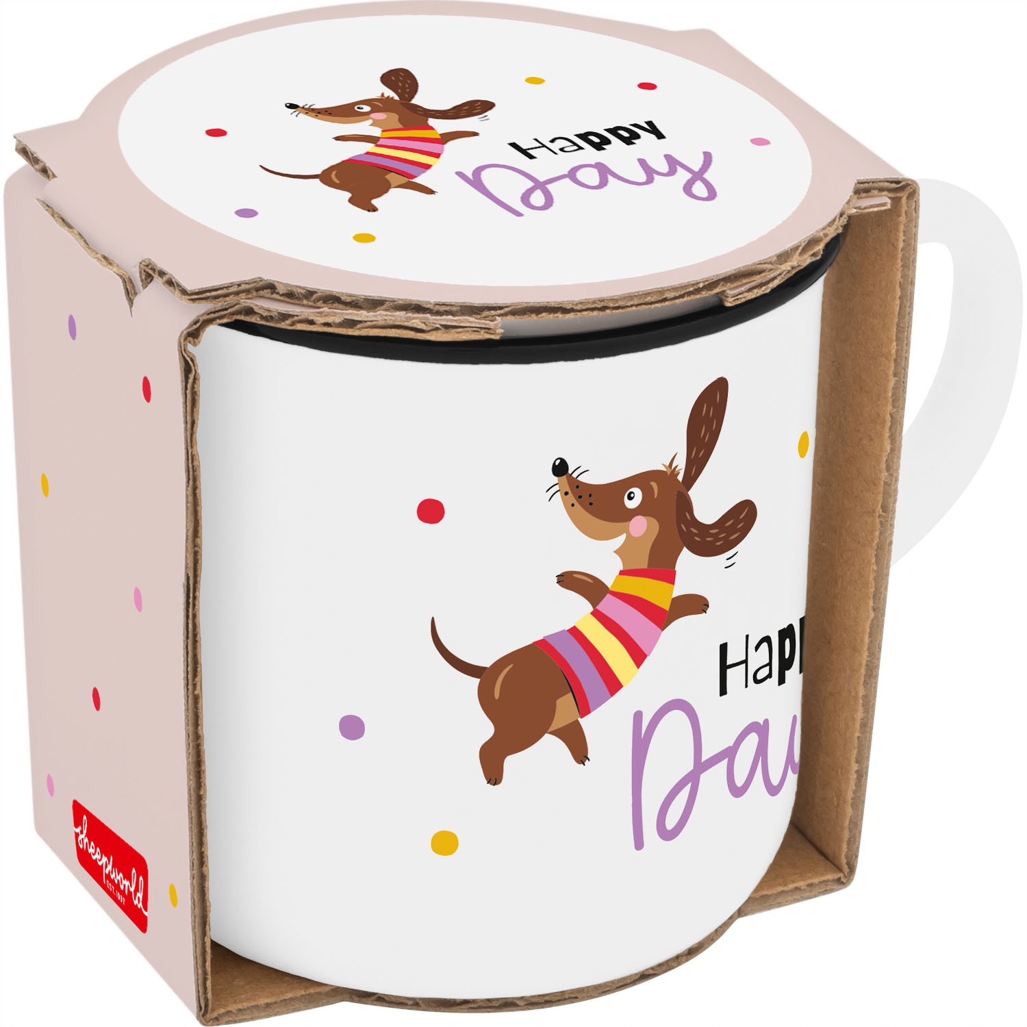 Weiße Porzellans Espresso-Tasse mit Dackel-Motiv und buntem Schal