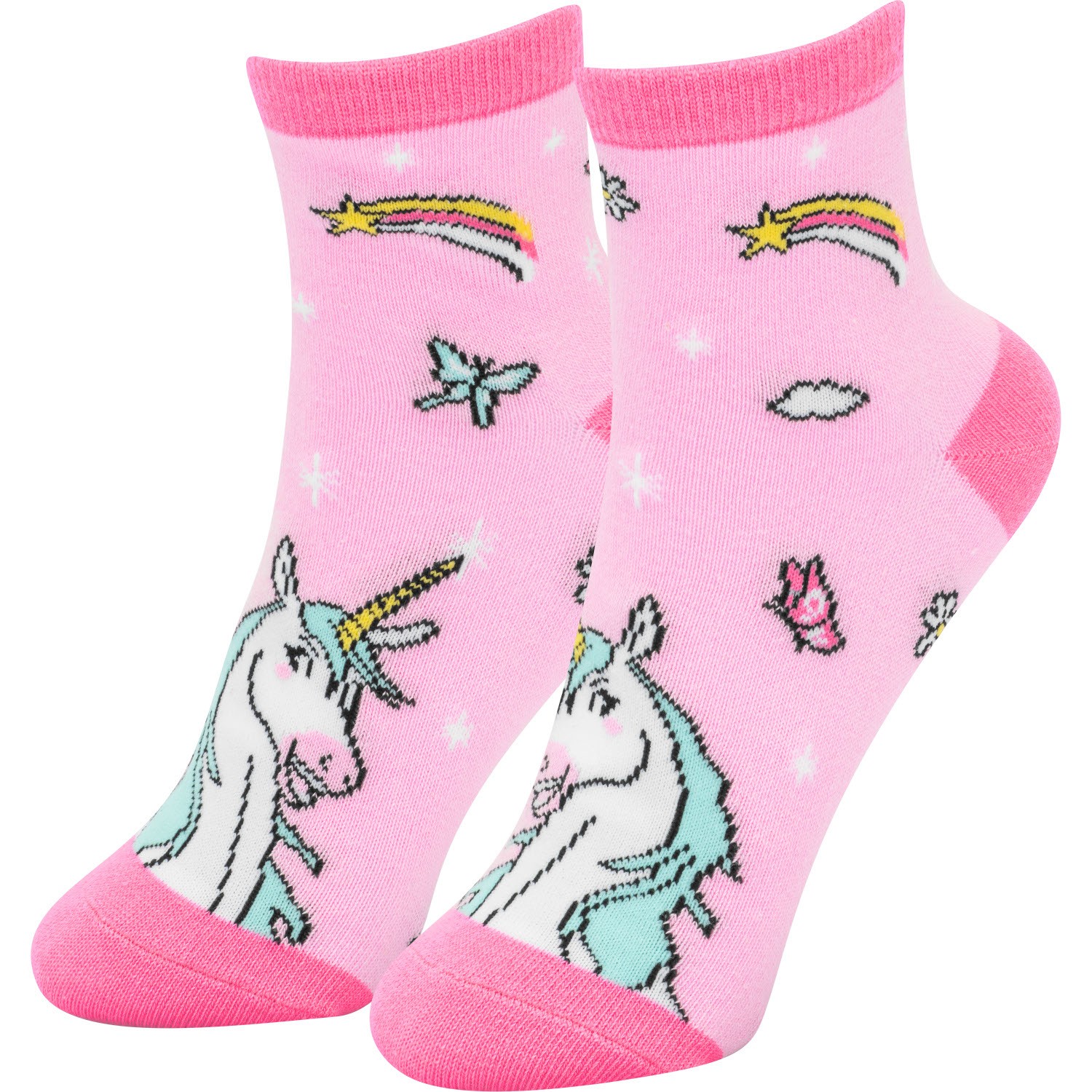 Rosa Zaubersocken mit Einhorn- und Regenbogenmotiven für Kinder