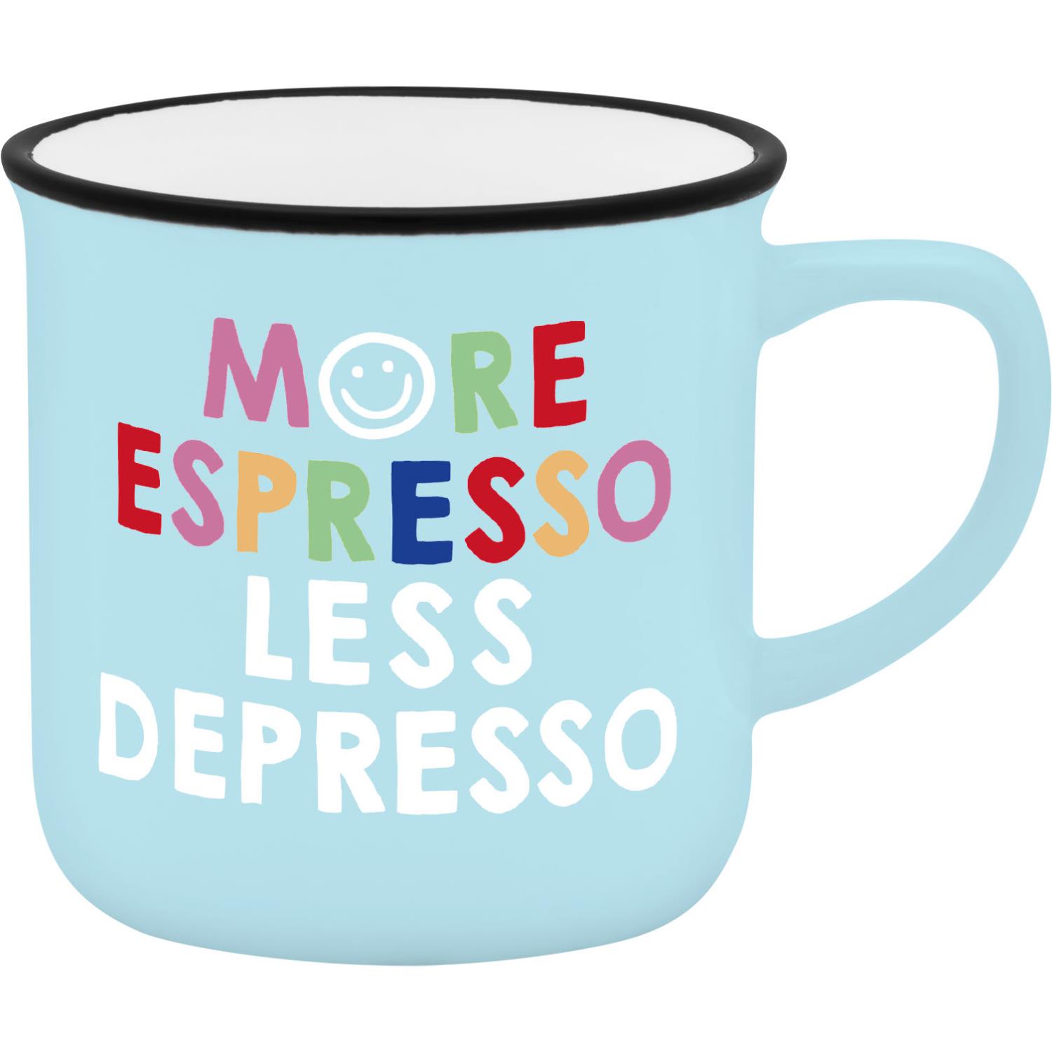 Hellblauer Porzellan-Espresso-Becher mit buntem Schriftzug