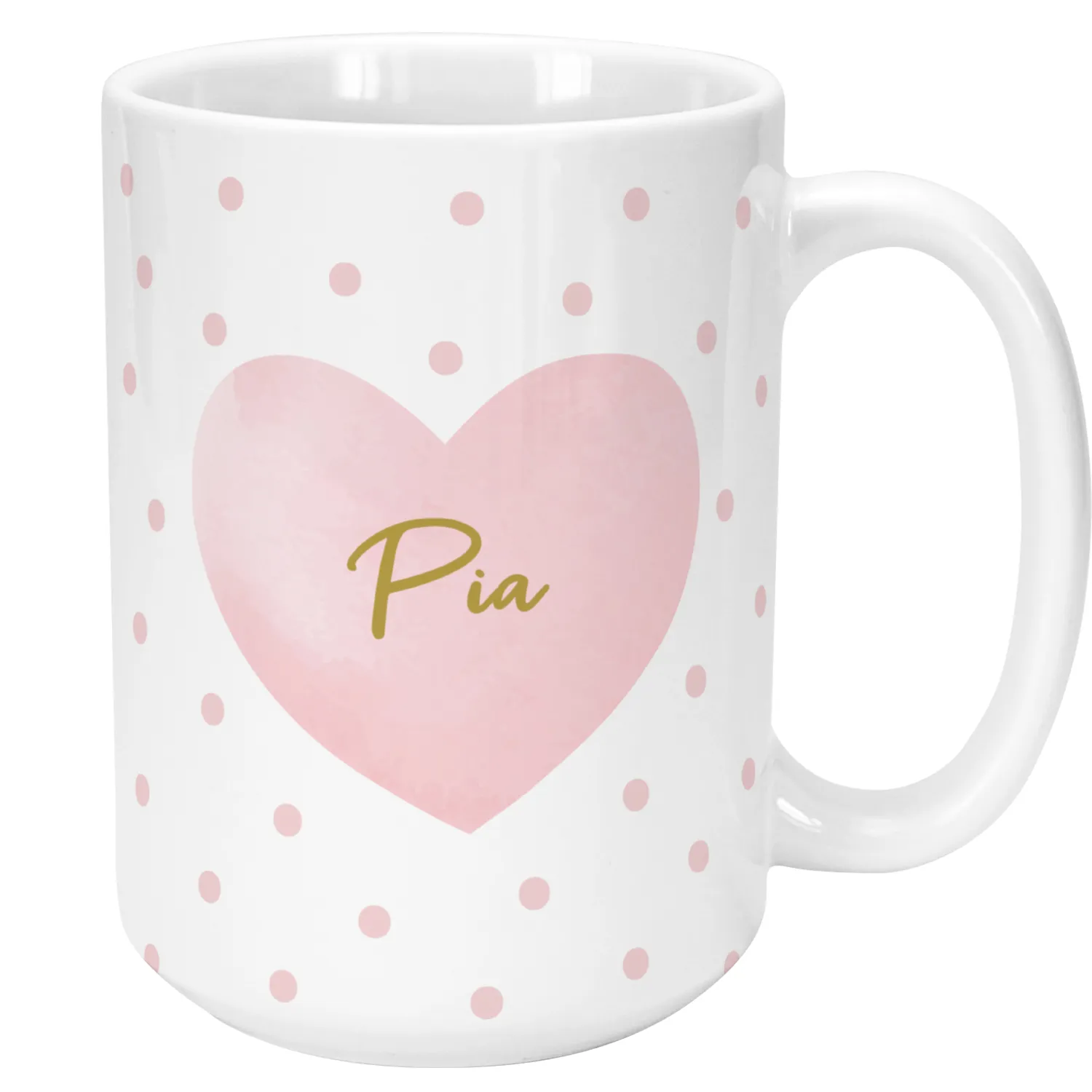 Weiße Keramik-Tasse mit rosa Herz und Punkten, personalisiert mit dem Namen Pia