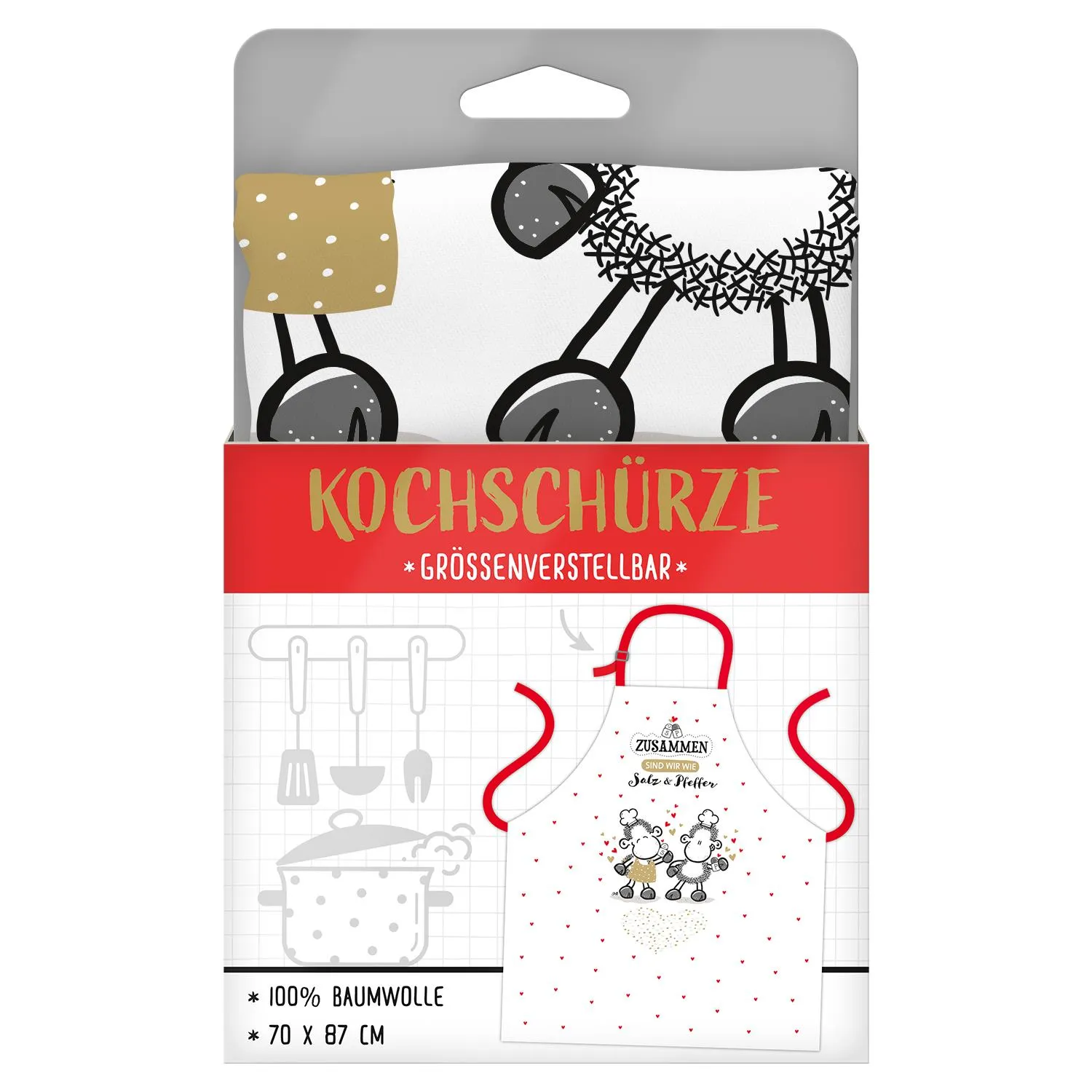 Weiße Kochschürze aus Baumwolle mit Schäfchen-Motiv und Herzchen-Print, größenverstellbar