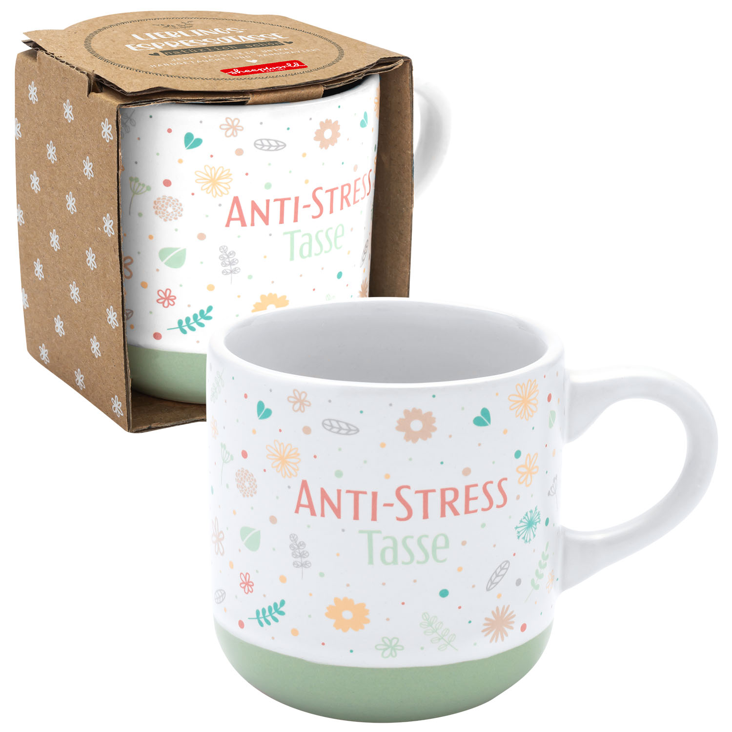 Weiße Steinzeugtasse mit Pastellblumen und grünem Boden