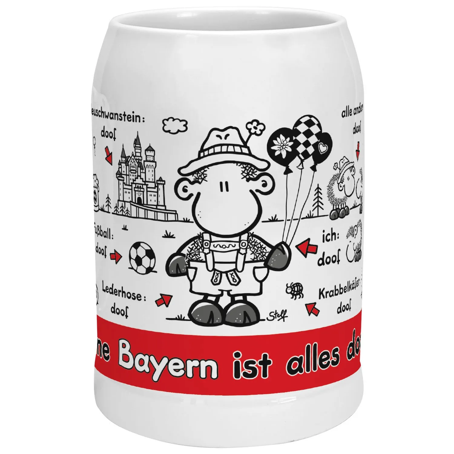Weißer Steinzeug-Bierkrug mit Schaf in Tracht und rotem Bayern-Spruch
