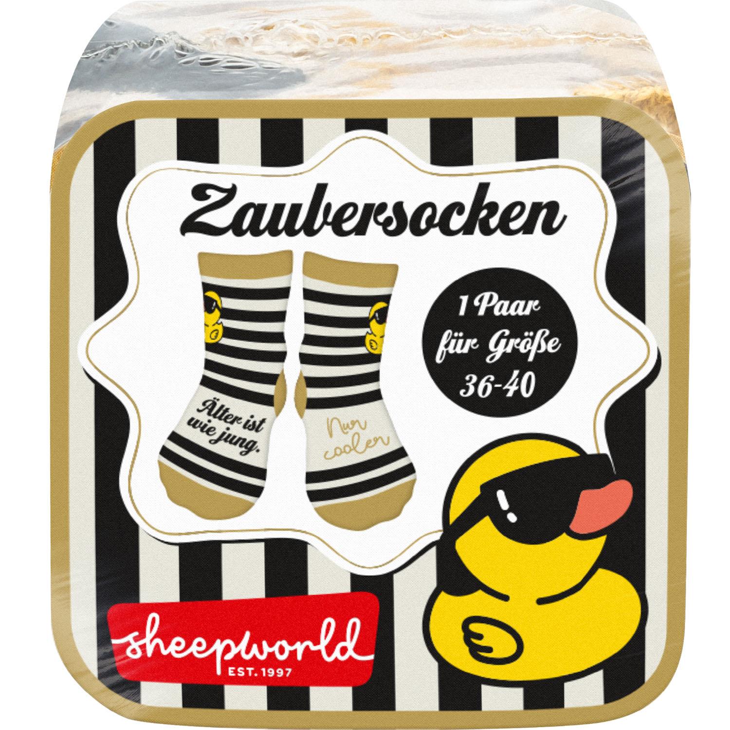 Zaubersocken »Ente« – schwarze/weiße Streifen, gelbe Ente, Größe 36-40, Baumwollmix