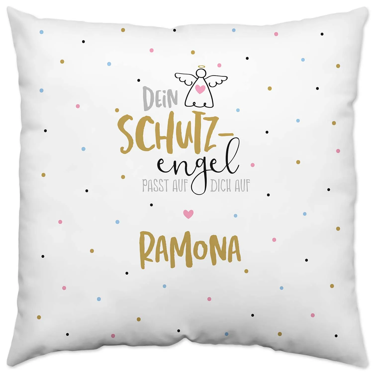 Personalisierbares Kissen mit Schutzengel und RAMONA auf weißer Hülle mit Pastellpunkten