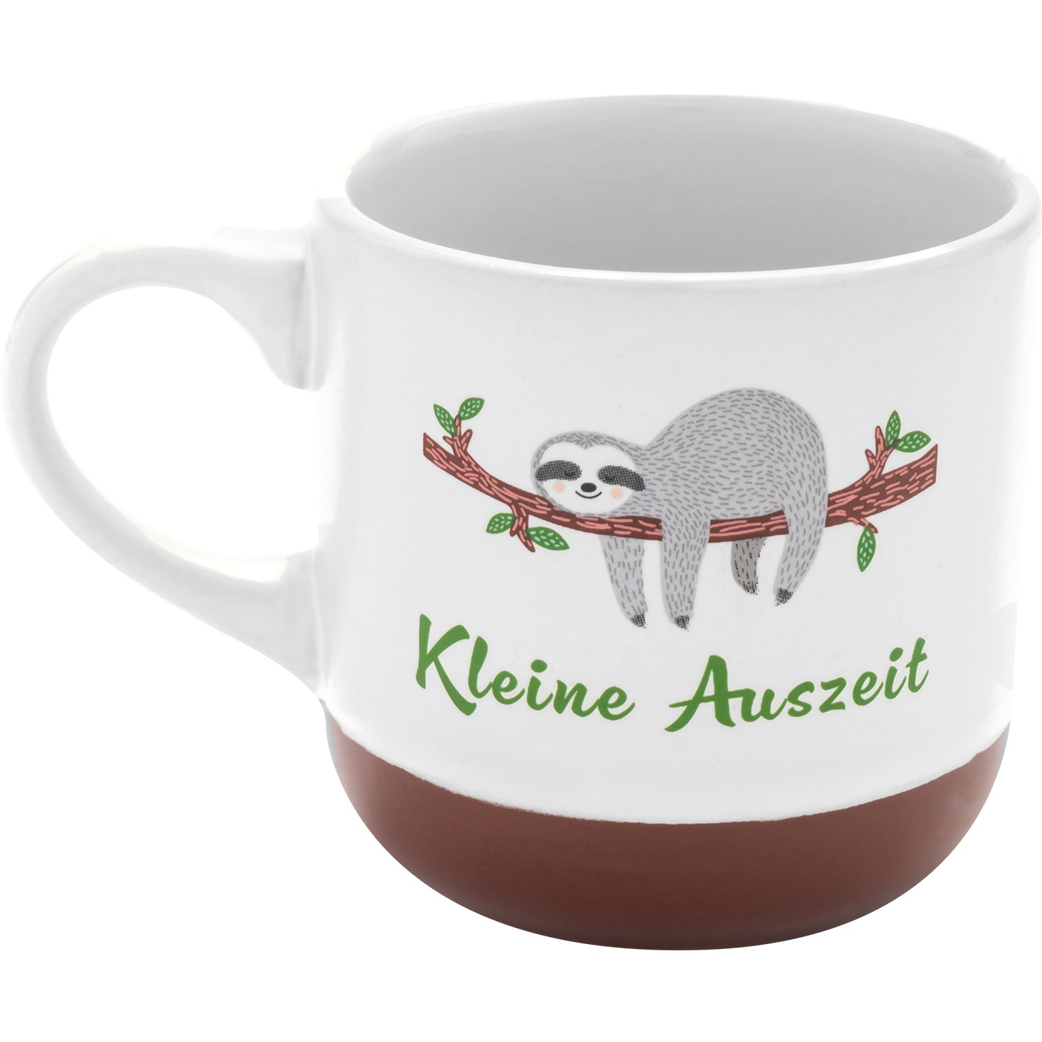 Weiße Espressotasse mit braunem Boden, Faultier-Motiv auf Ast und Gravur 'Keine Auszeit'