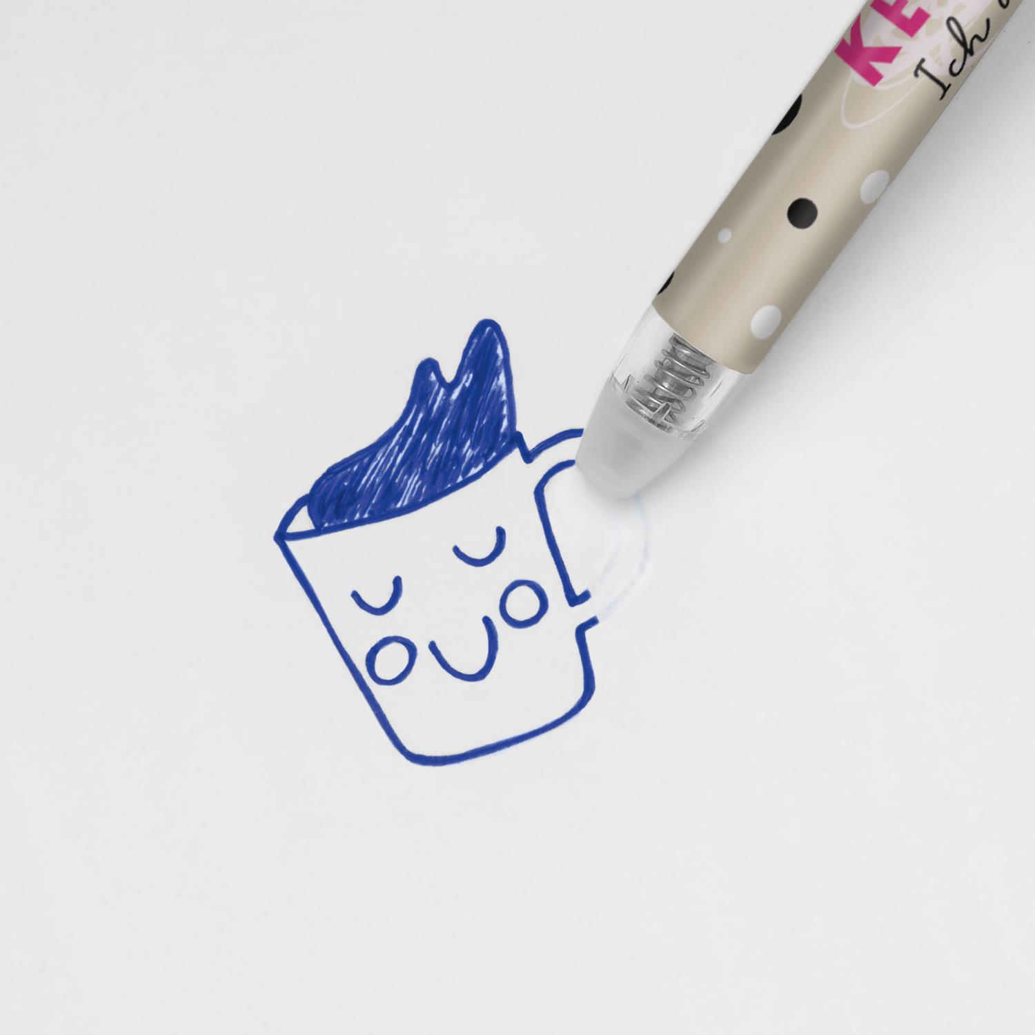 Blauer radierbarer Gelstift mit beigeem Gehäuse und Radiergummi unten am Spitzenende.