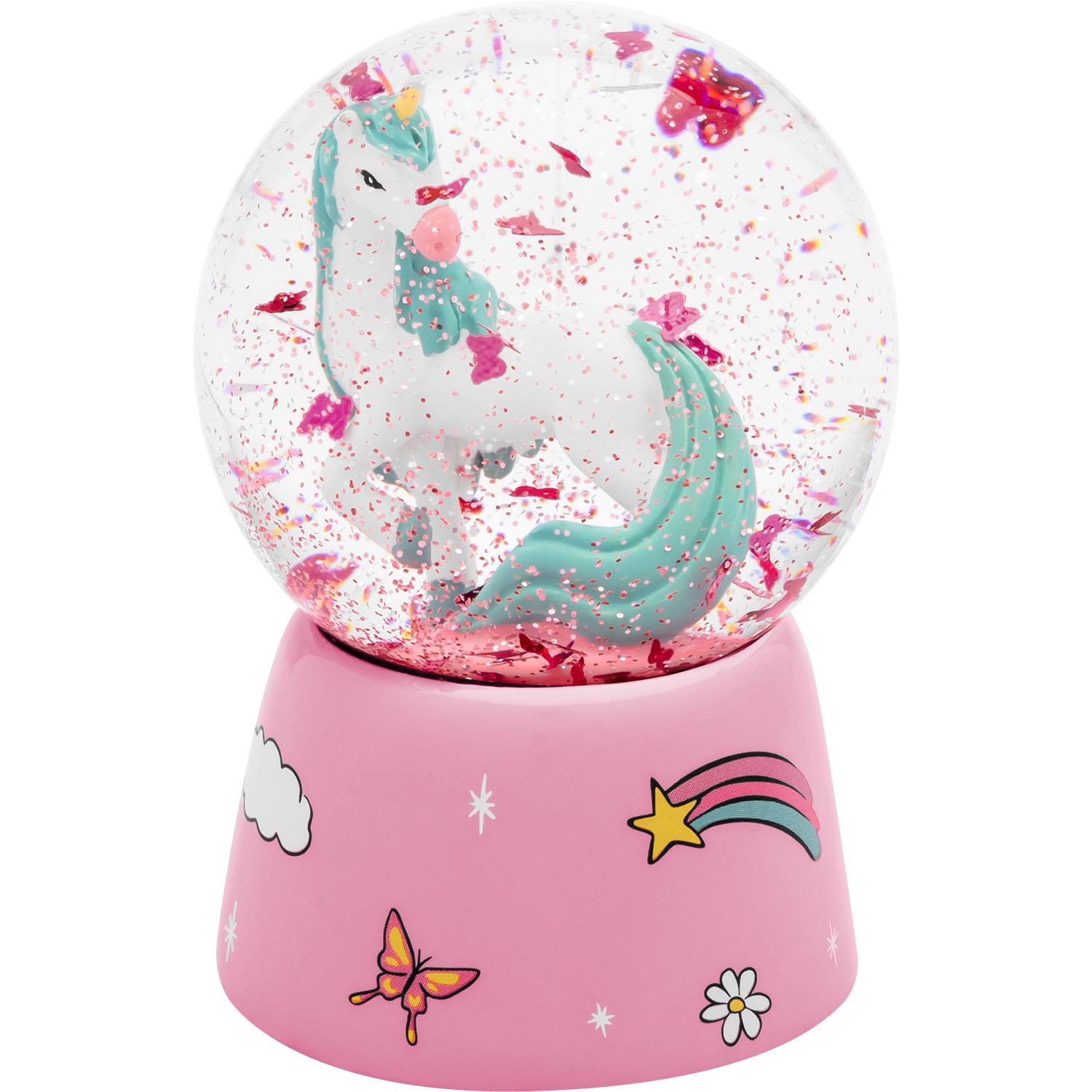 Schneekugel mit Einhorn-Motiv, rosa Sockel, glitzernde Schneeflocken, 6,5 cm hoch, 4,5 cm Durchmesser
