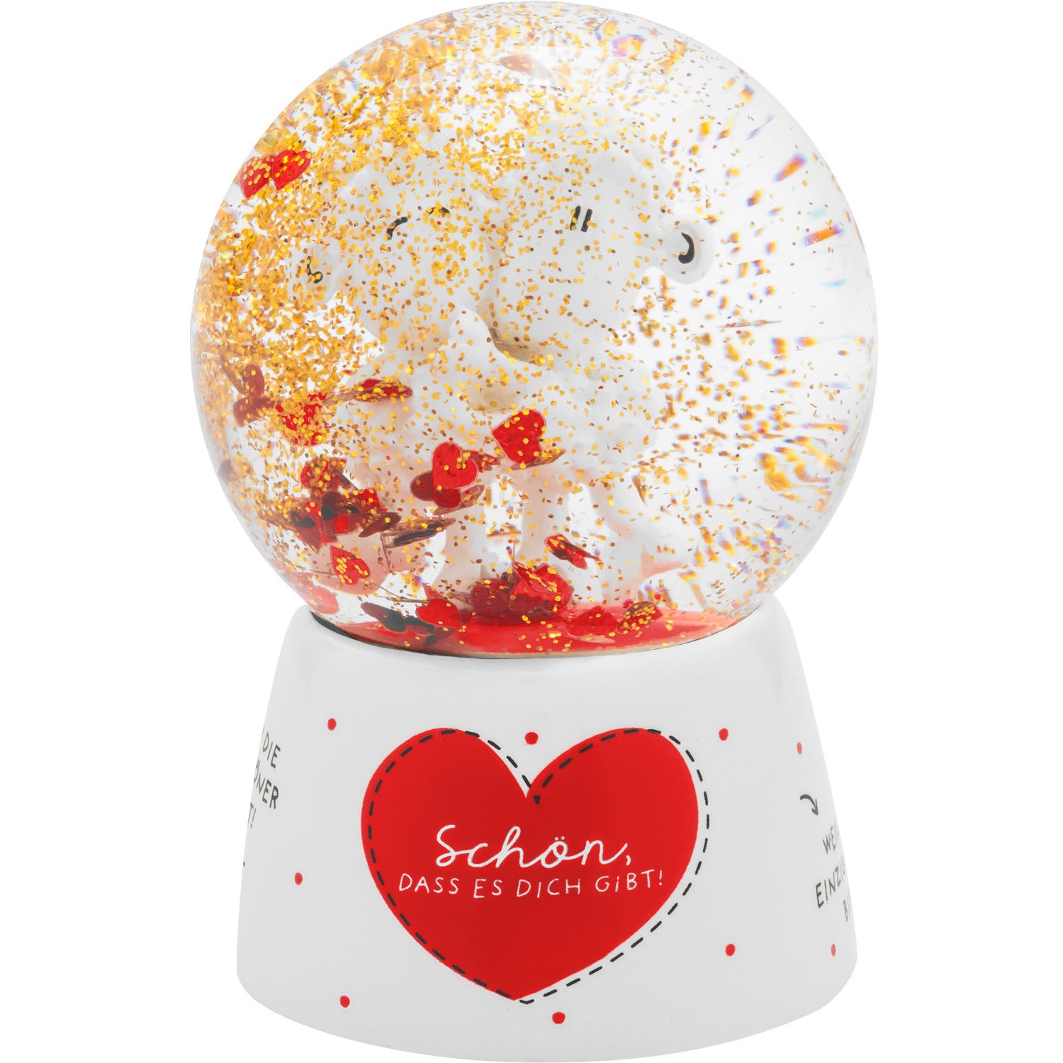 Schneekugel mit 3D-Schaf, goldenem Glitzer und roten Herzen auf weißem Sockel.
