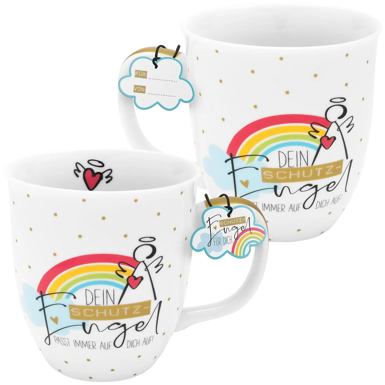 Weiße Porzellan-Tasse mit Regenbogen-Schutengel-Motiv und Golddruck