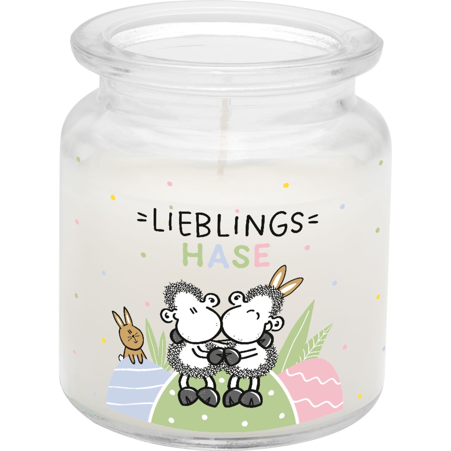 Kerze im Glas mit zwei umarmenden Schafen und Pastell-Eiern
