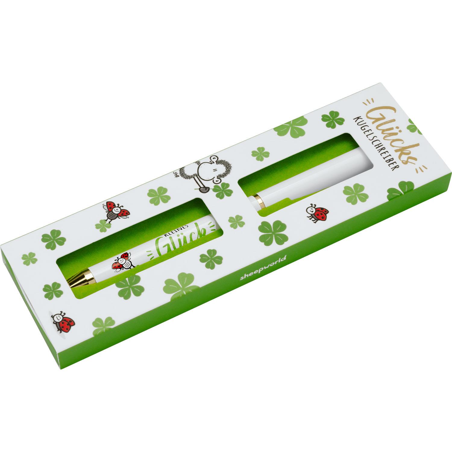 Kugelschreiber Glück in Geschenkbox – weißer Stift mit grünem Akzent und Kleeblatt-Motiven