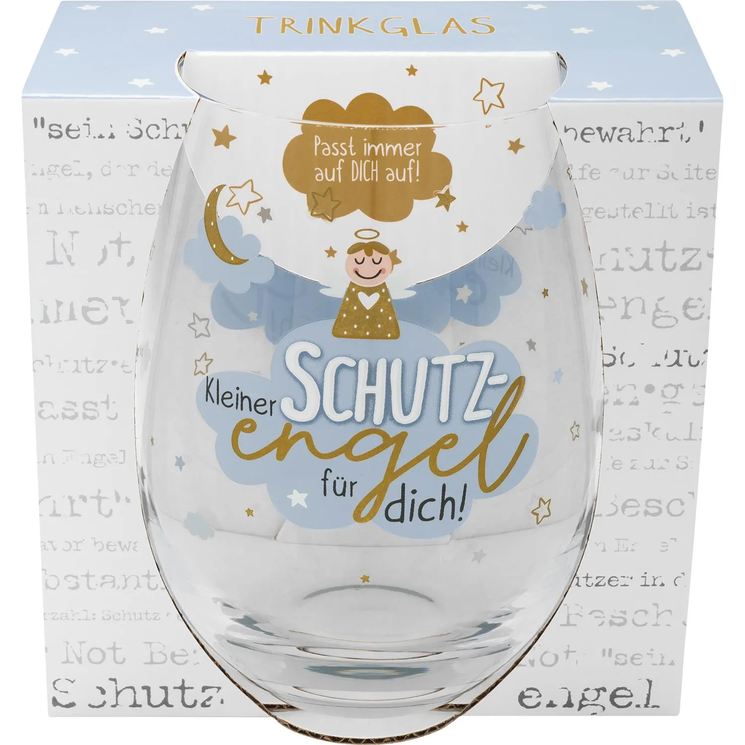 Trinkglas mit Schutzengel-Motiv in Pastellblau, 600 ml, Golddruck, Geschenkverpackung