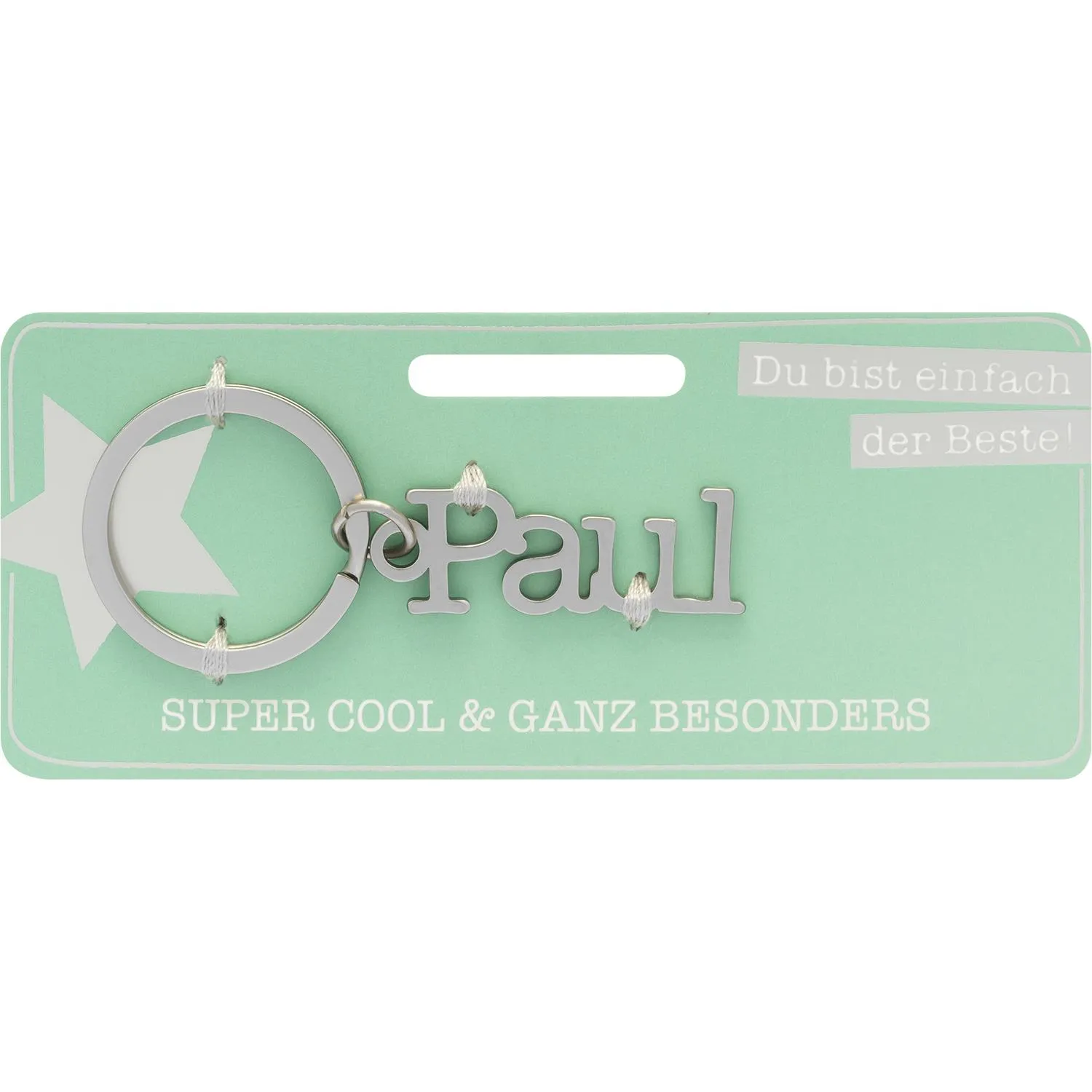 Schlüsselanhänger mit Name Paul – silberner Namenszug am Schlüsselring auf mintgrüner Verpackung.