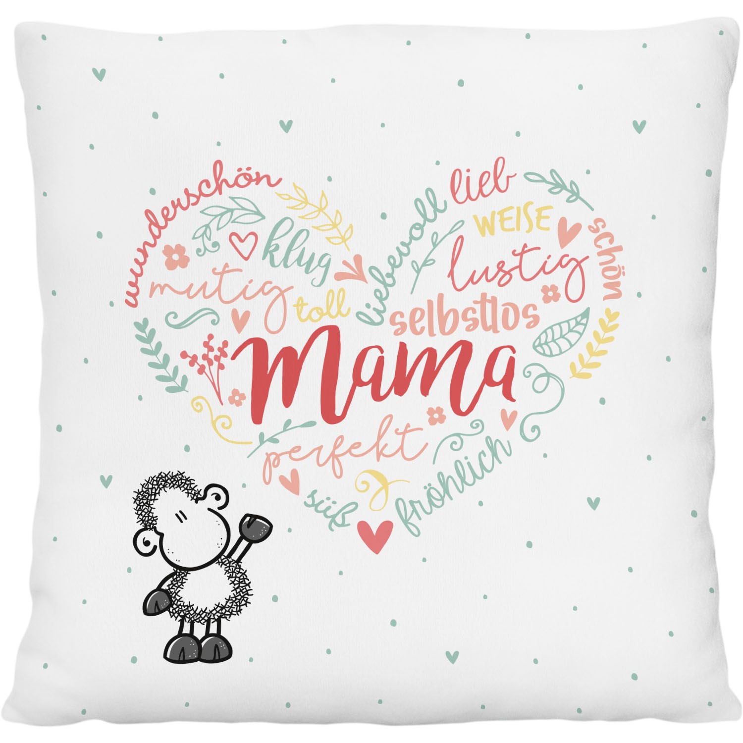 Weißes Plüschkissen mit Herz-Wort-Motiv 'Mama' in Pastellfarben und süßem Schaf.