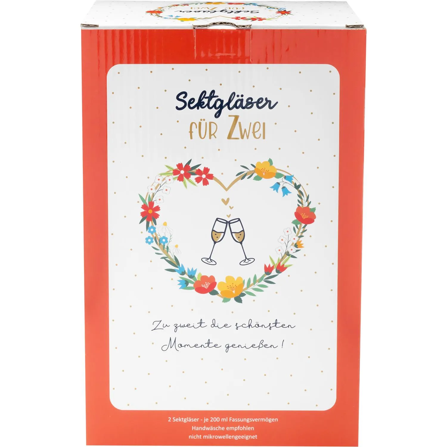 Zwei Sektgläser in Geschenkbox mit Golddruck und Blumenherz – perfektes Hochzeitsgeschenk