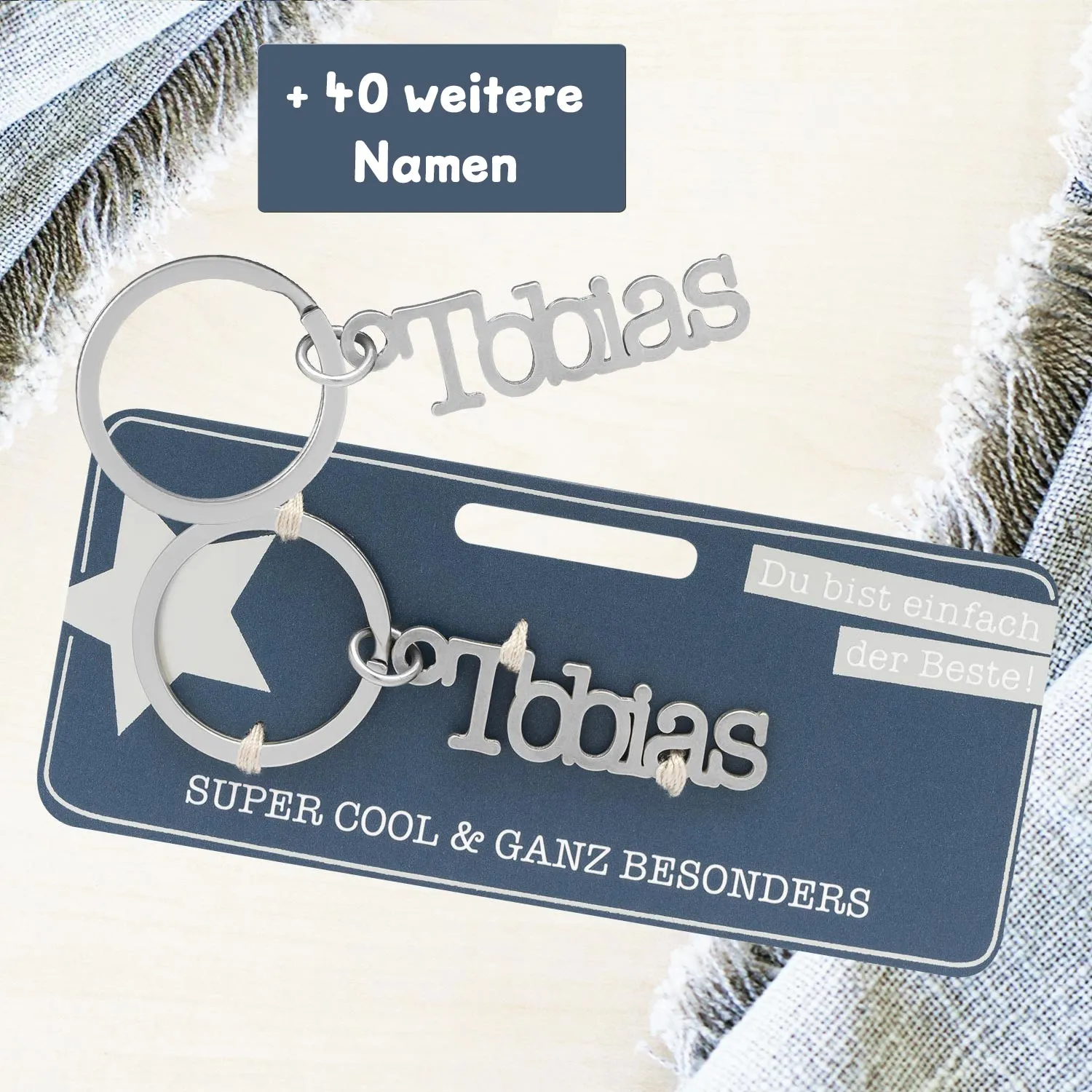 Silberner Namens-Schlüsselanhänger Tobias mit Schlüsselring
