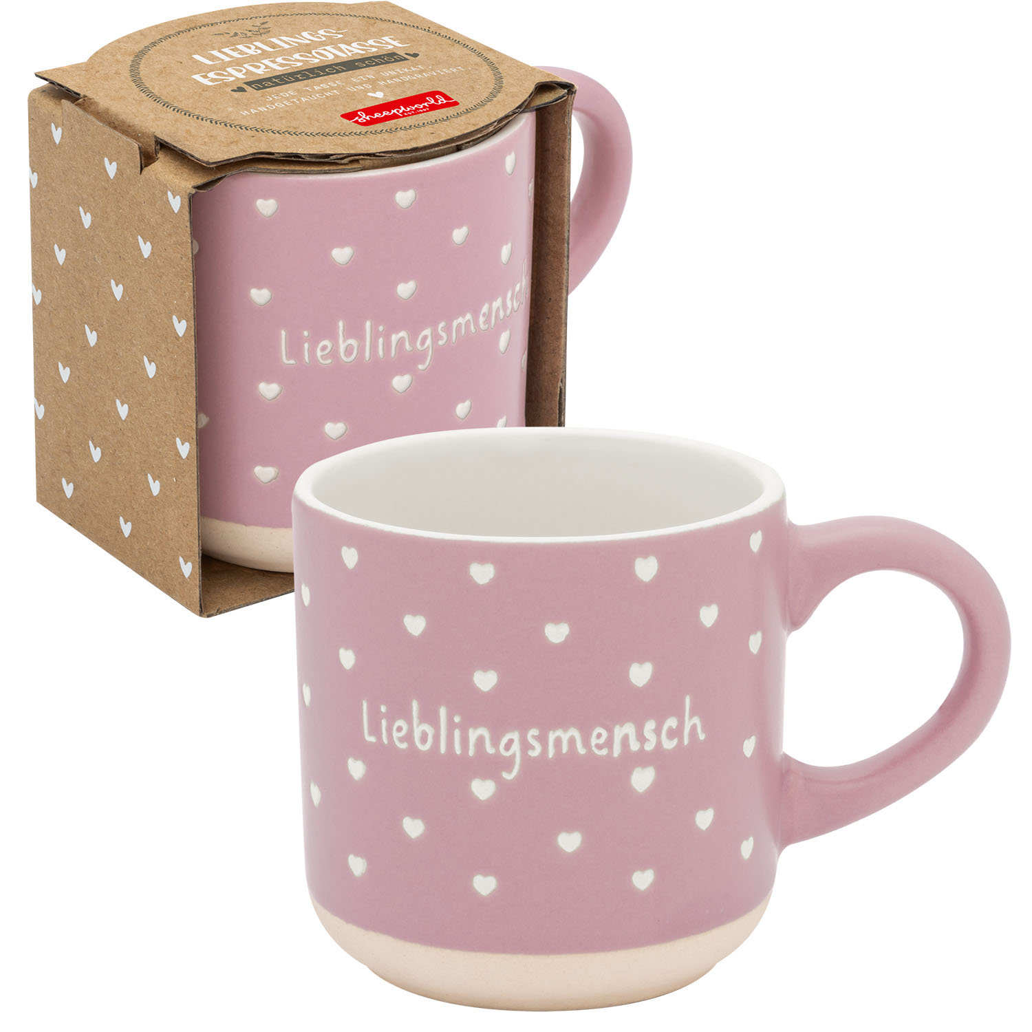 Rosa Espressotasse mit Herzchen-Muster und Schriftzug Lieblingsmensch