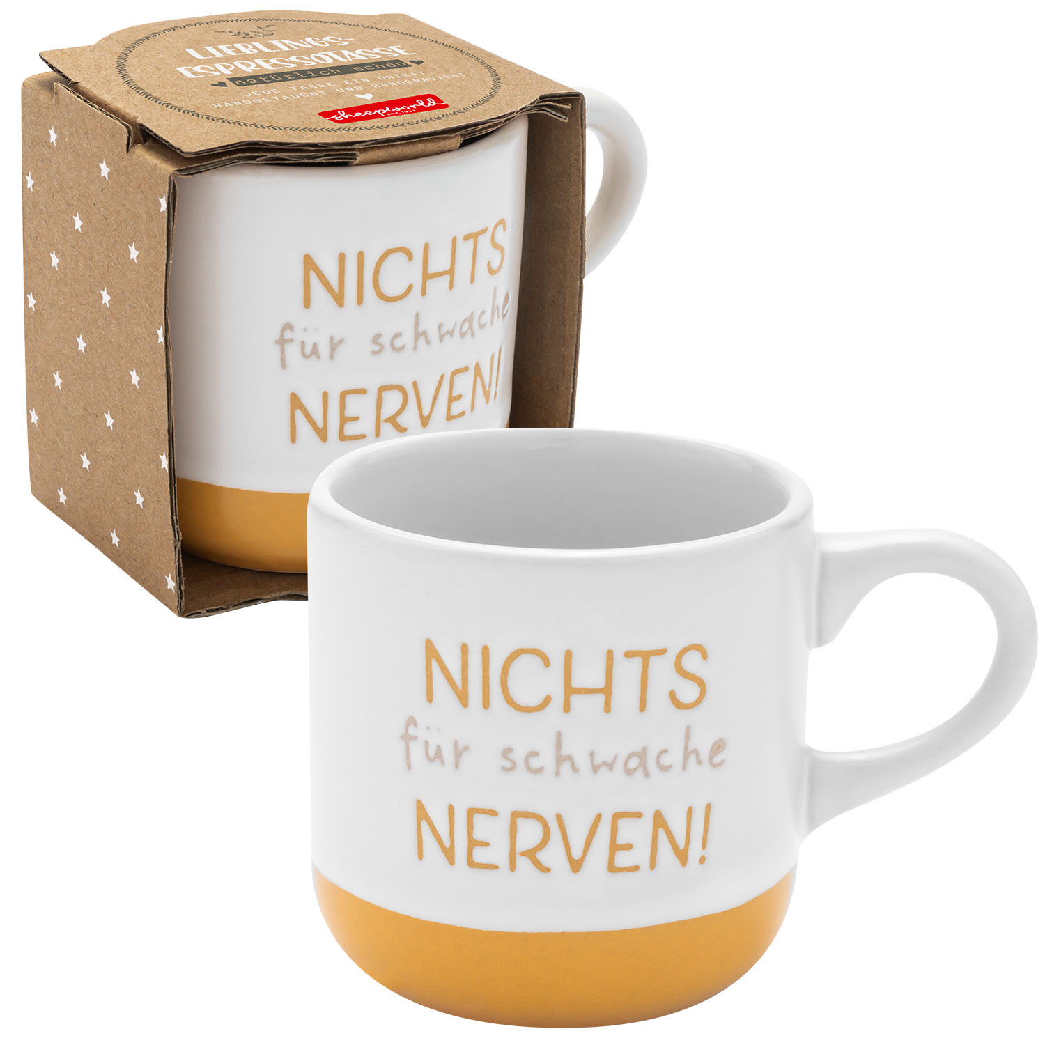 Weiße Steinzeug-Espressotasse mit Spruch 'NICHTS für schwache NERVEN!' und orangefarbenem Boden