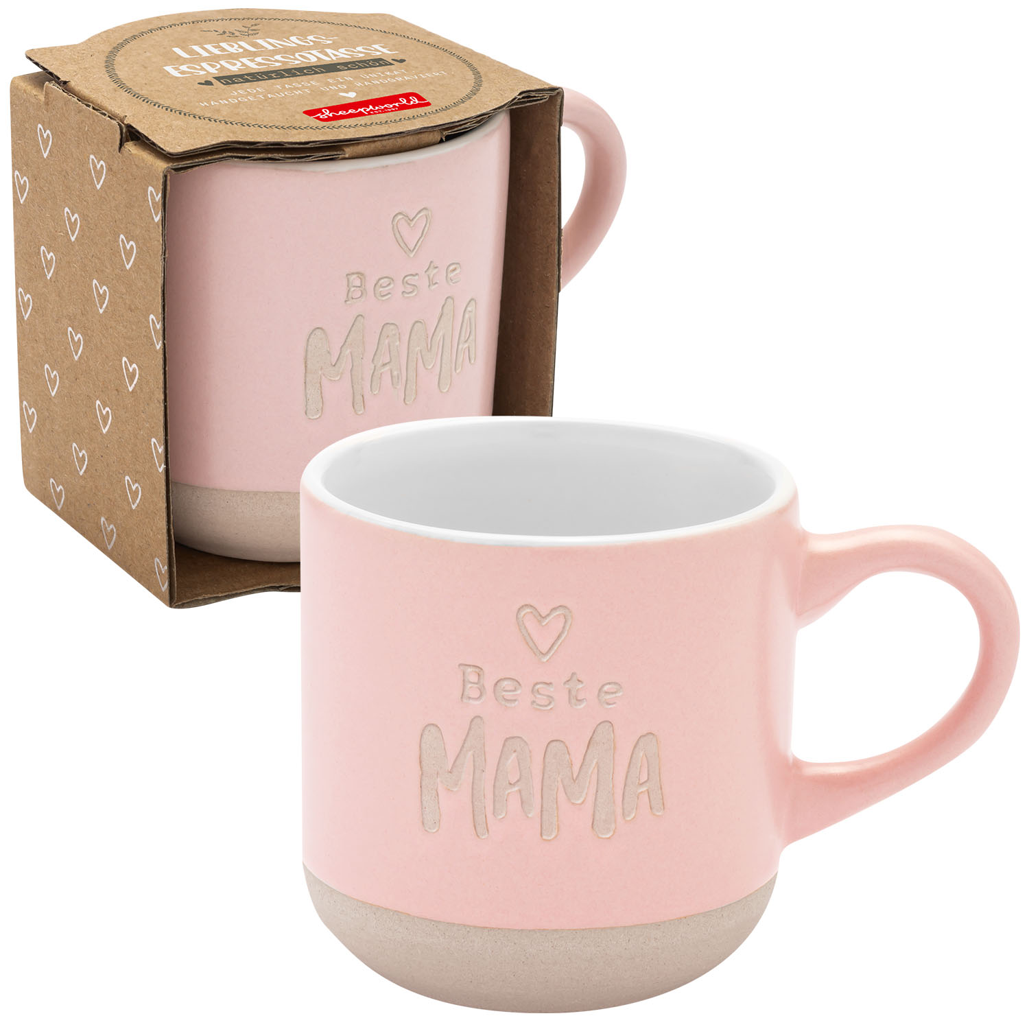 Rosa Keramik-Tasse mit der Aufschrift 'Beste Mama' und Herz