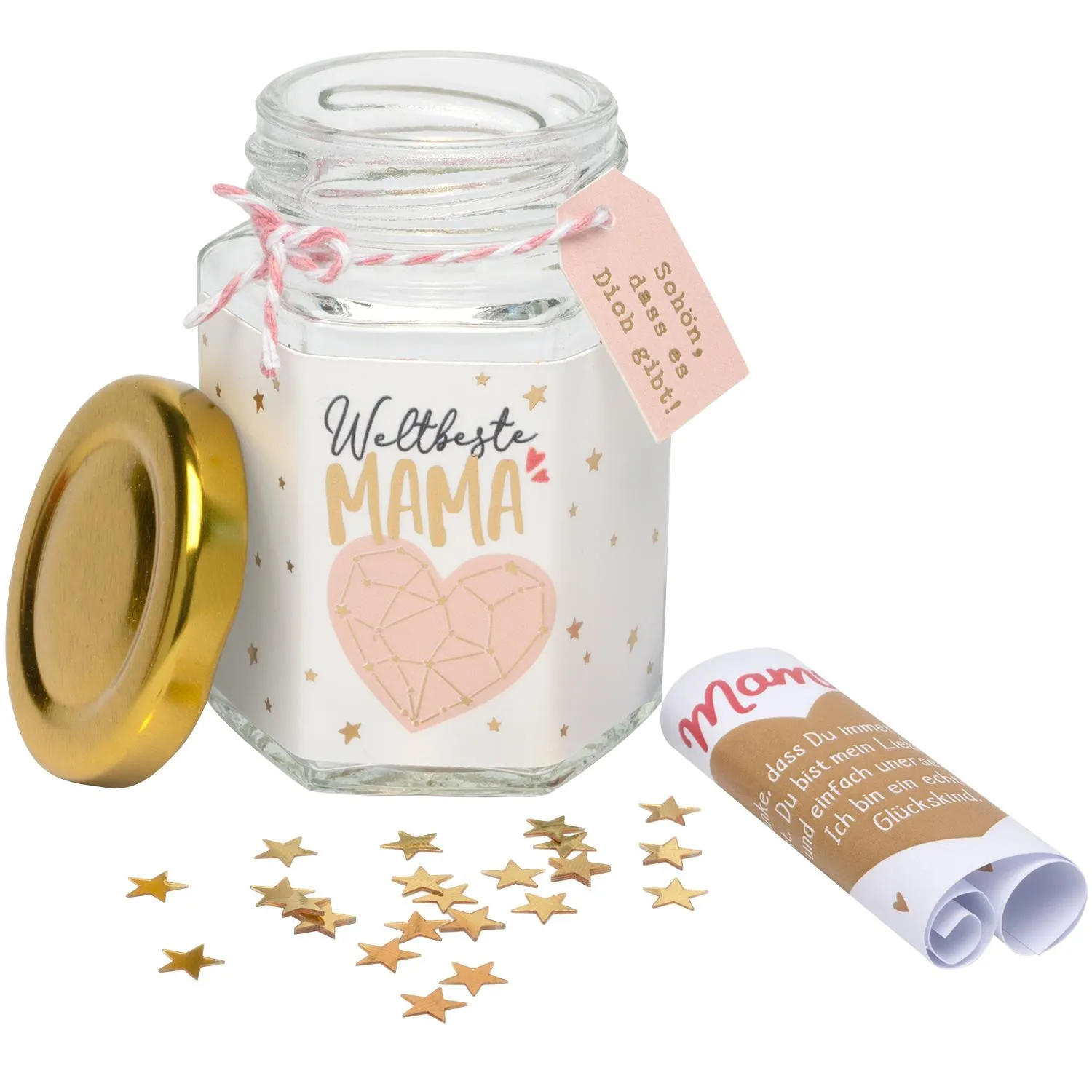 Glas mit Golddeckel und 'Weltbeste Mama'-Motiv, rosa Herz und Sterne