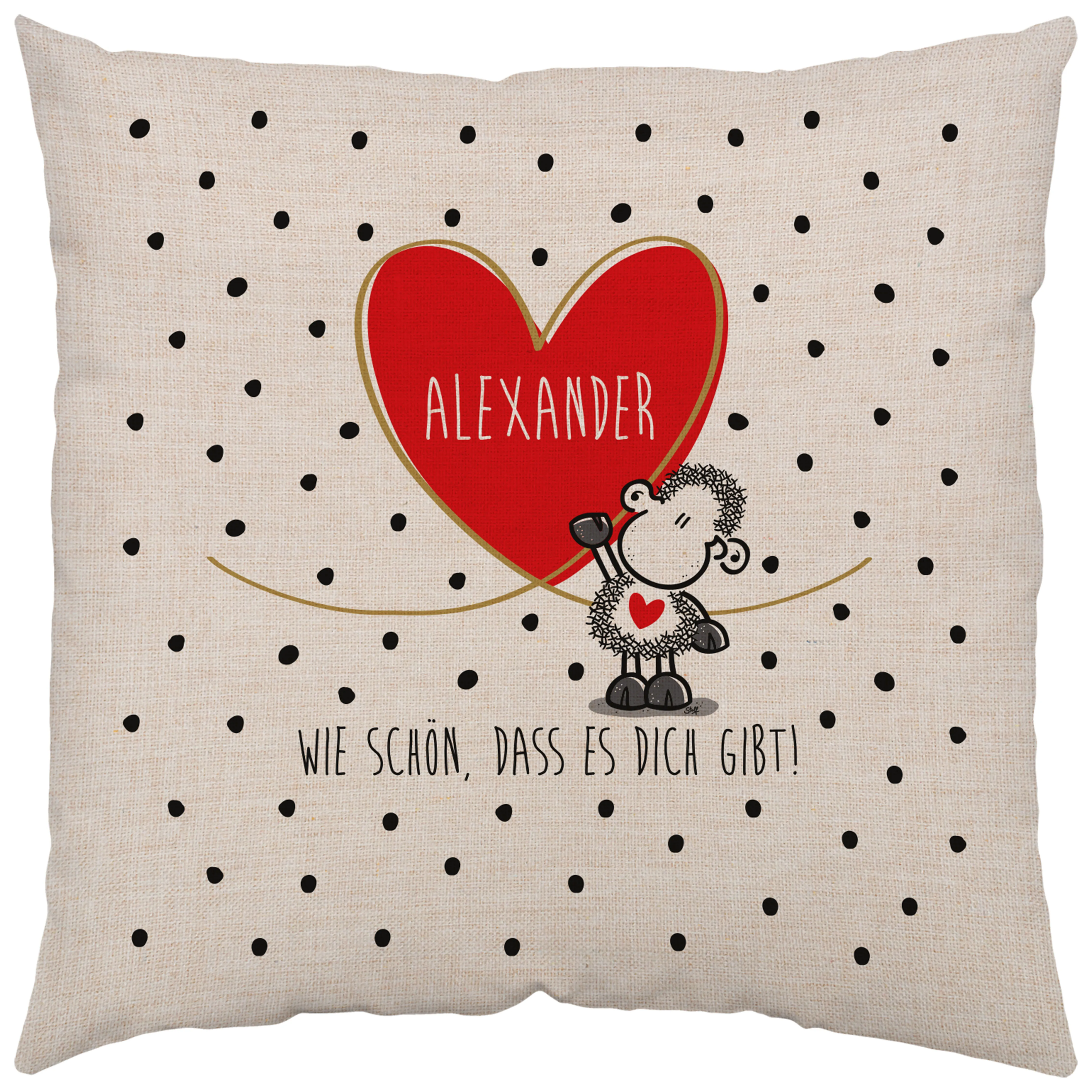Kissen mit rotem Herz und Namenszug Alexander, Schaf-Motiv, Canvas-Optik, beige Hintergrund.